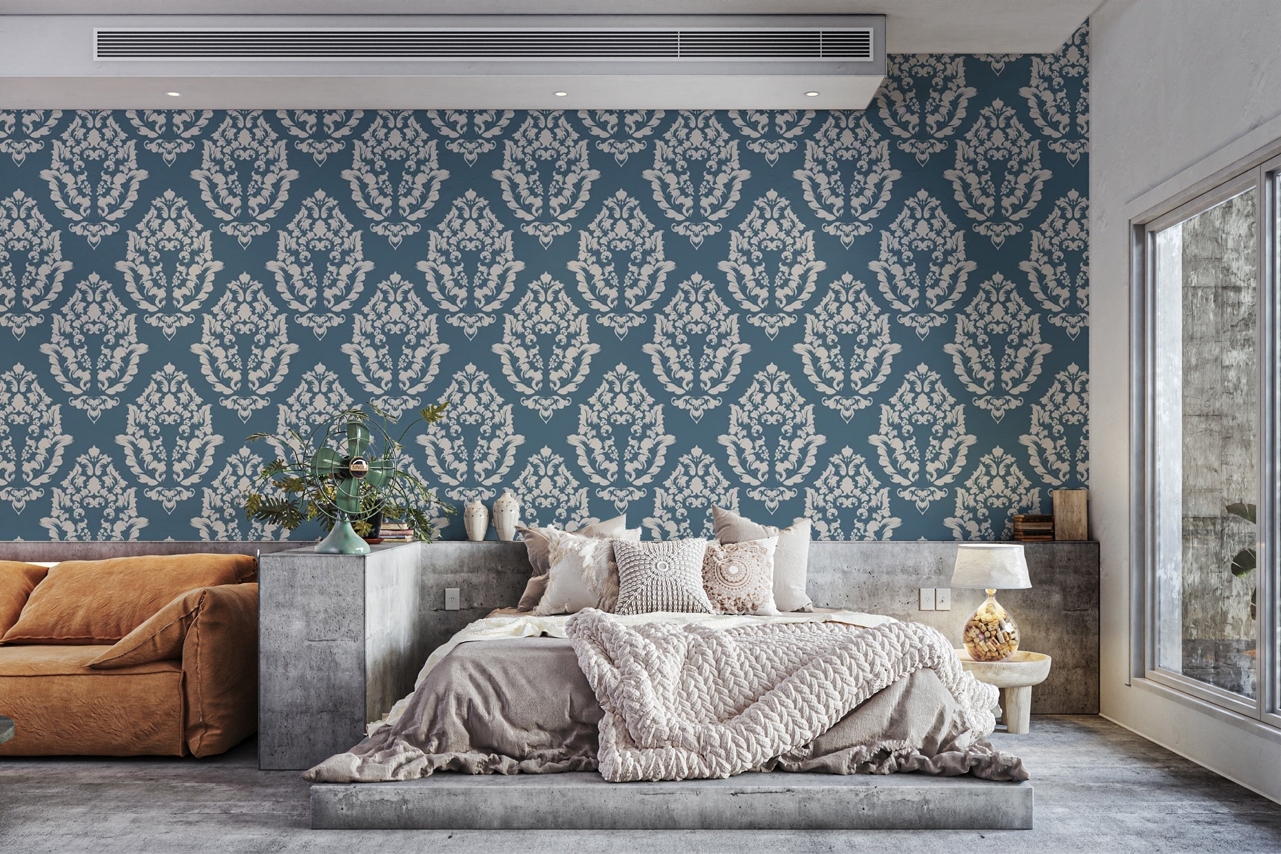 Luxurious blue damask mural wallpaper style for bedroom walls
