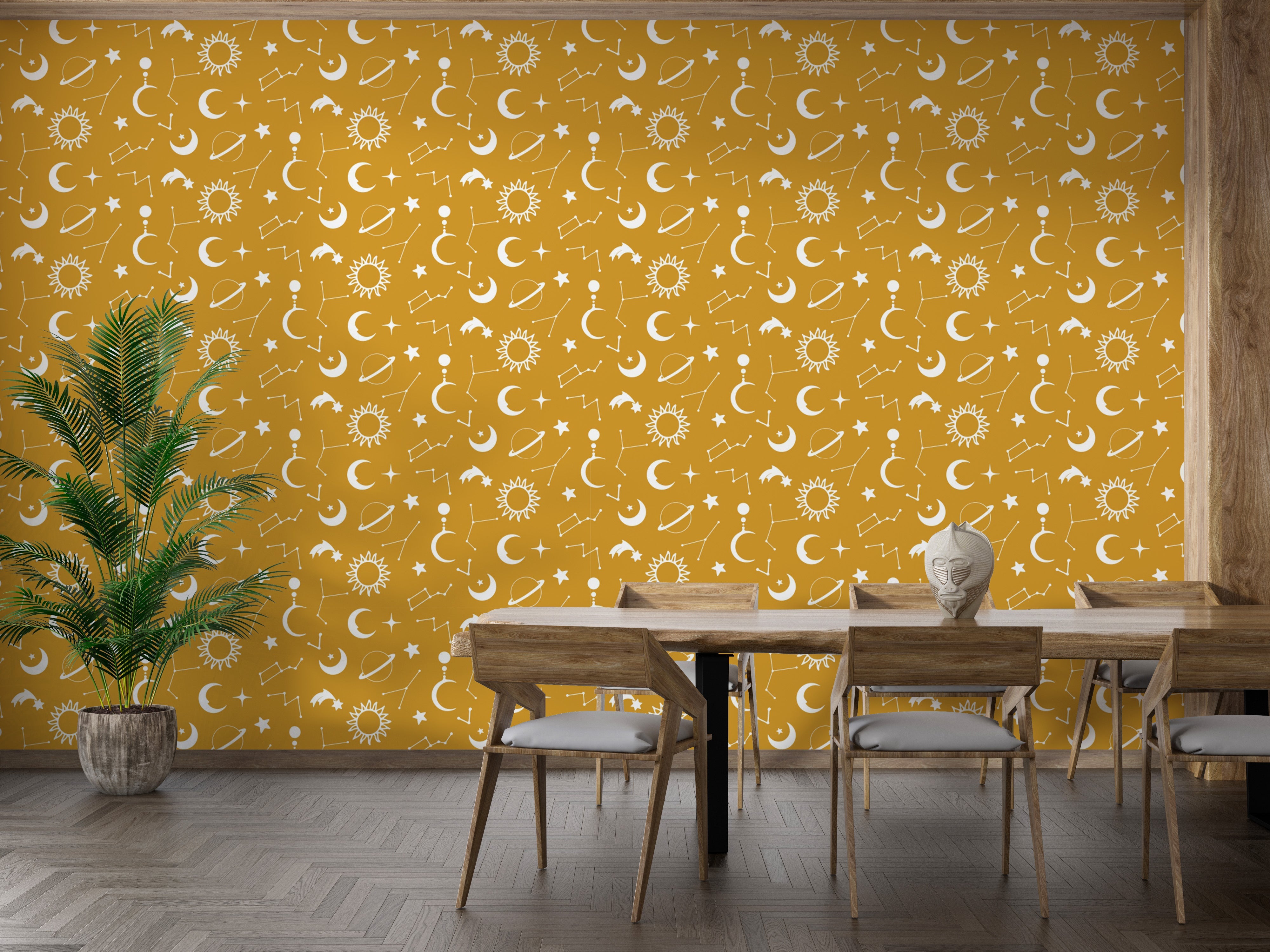 Cosmic-themed yellow wallpaper for walls
