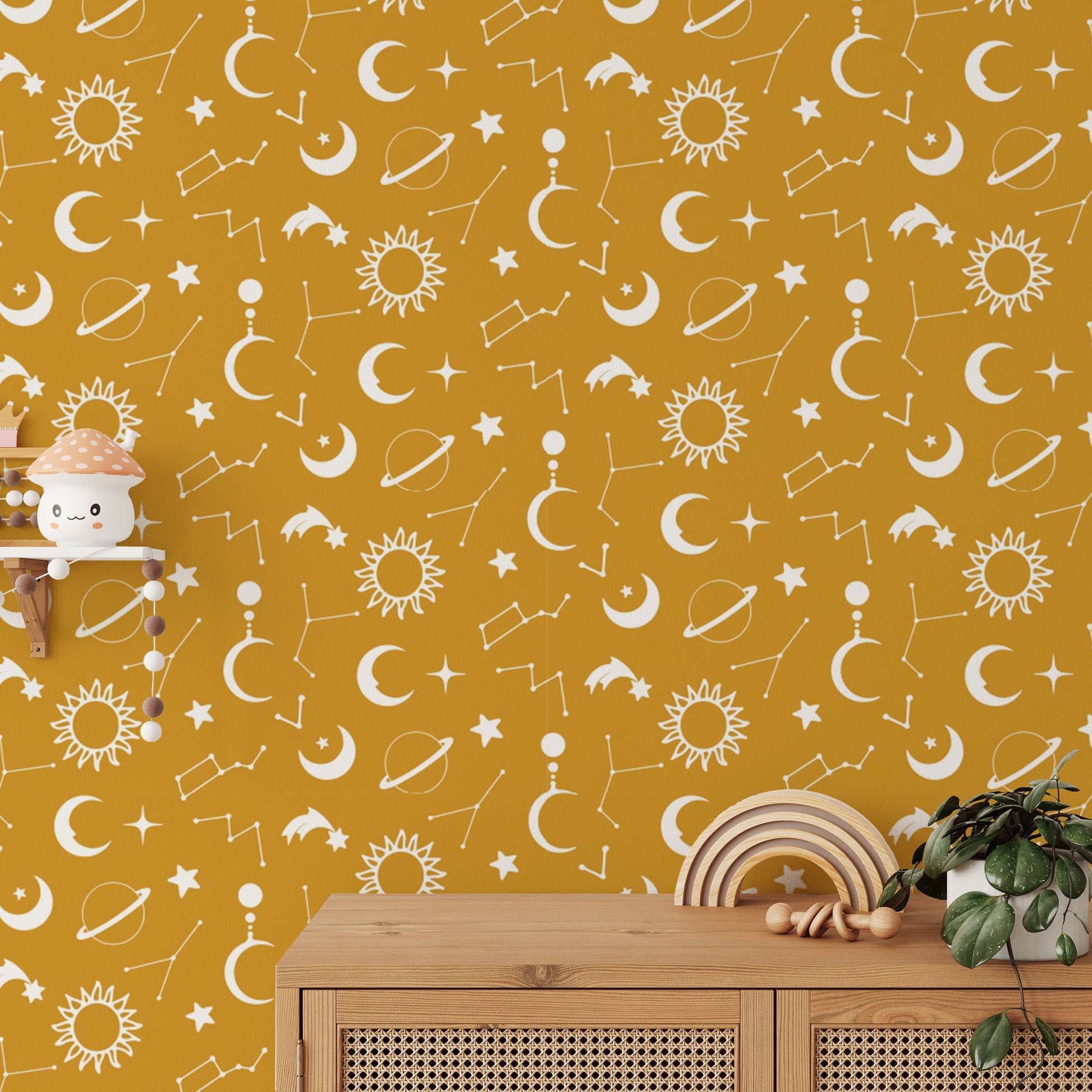 Starry mural with yellow and white constellations
