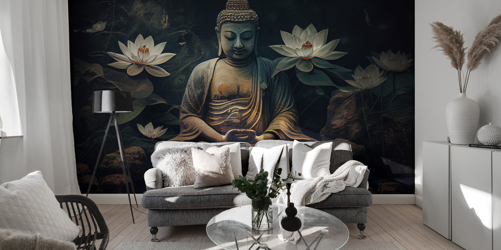 Meditative Buddha and Lotus Flowers Mural - Giffywalls