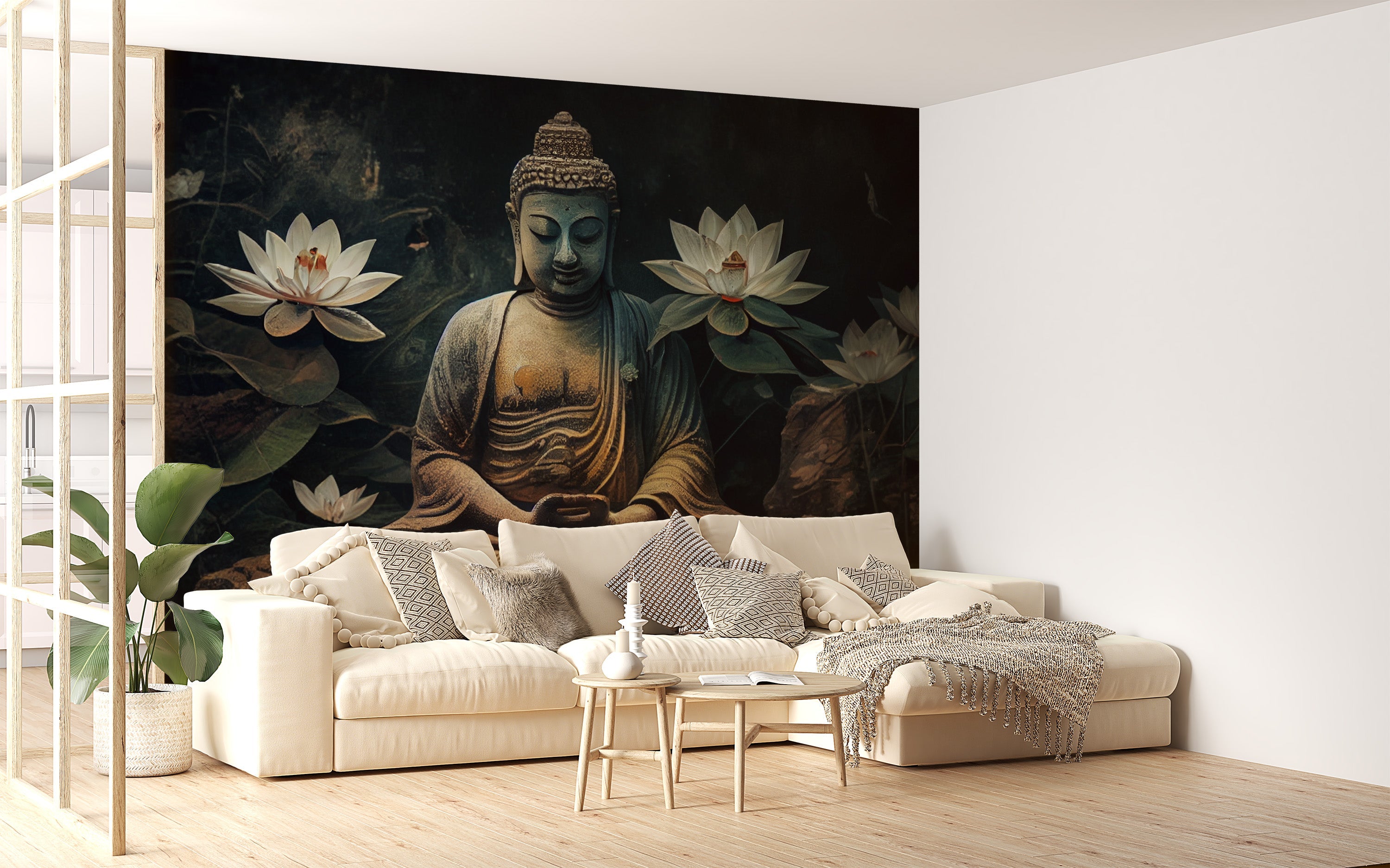 Meditative Buddha and Lotus Flowers Mural - Giffywalls