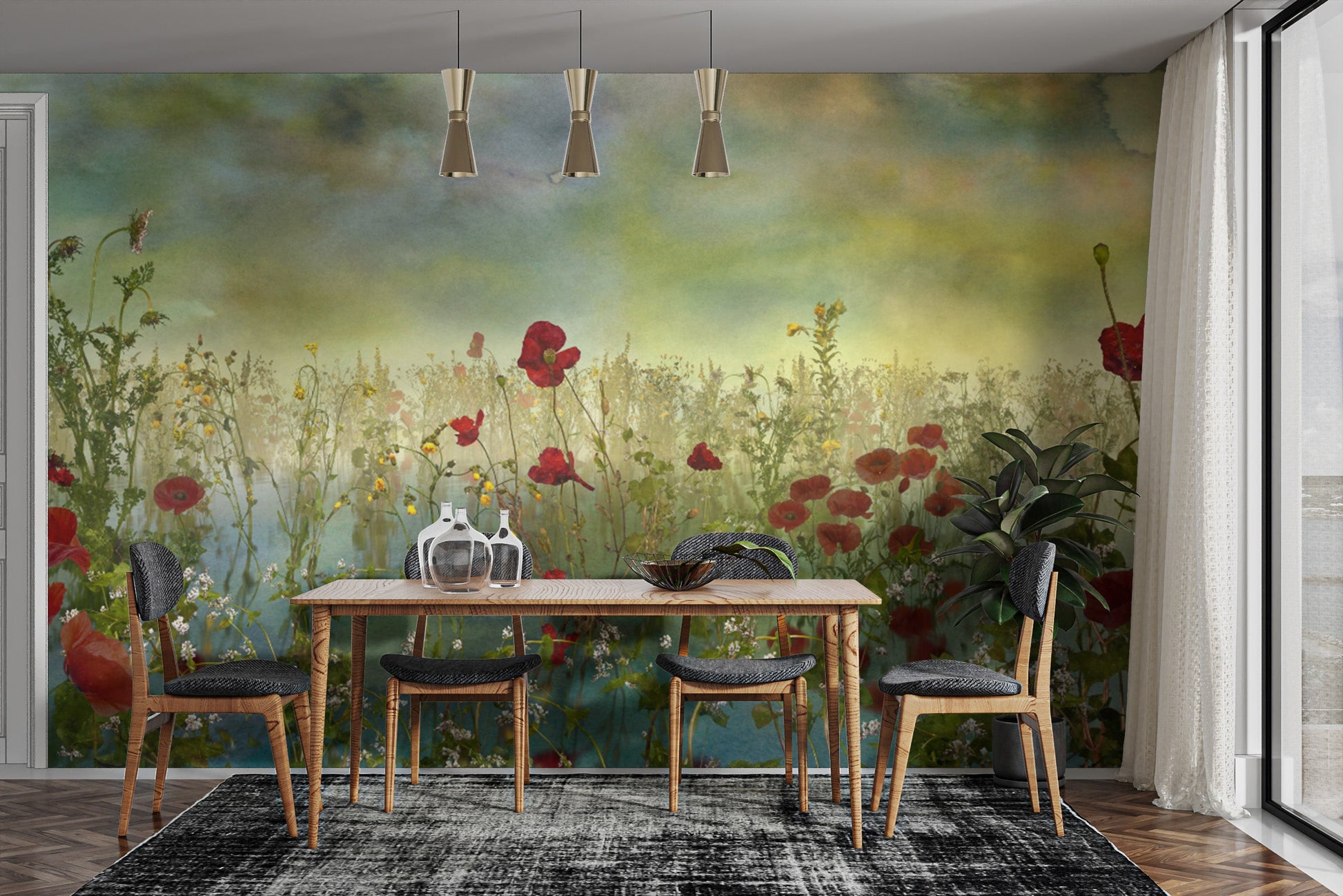 Poppy Flower Watercolor Green Wallpaper Murals - Giffywalls