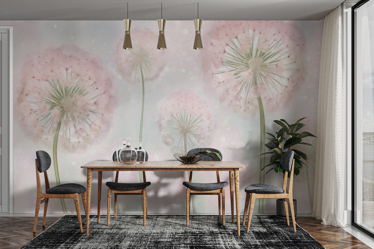 Pink color dandelion seeds wallpaper mural for a soft, whimsical space.