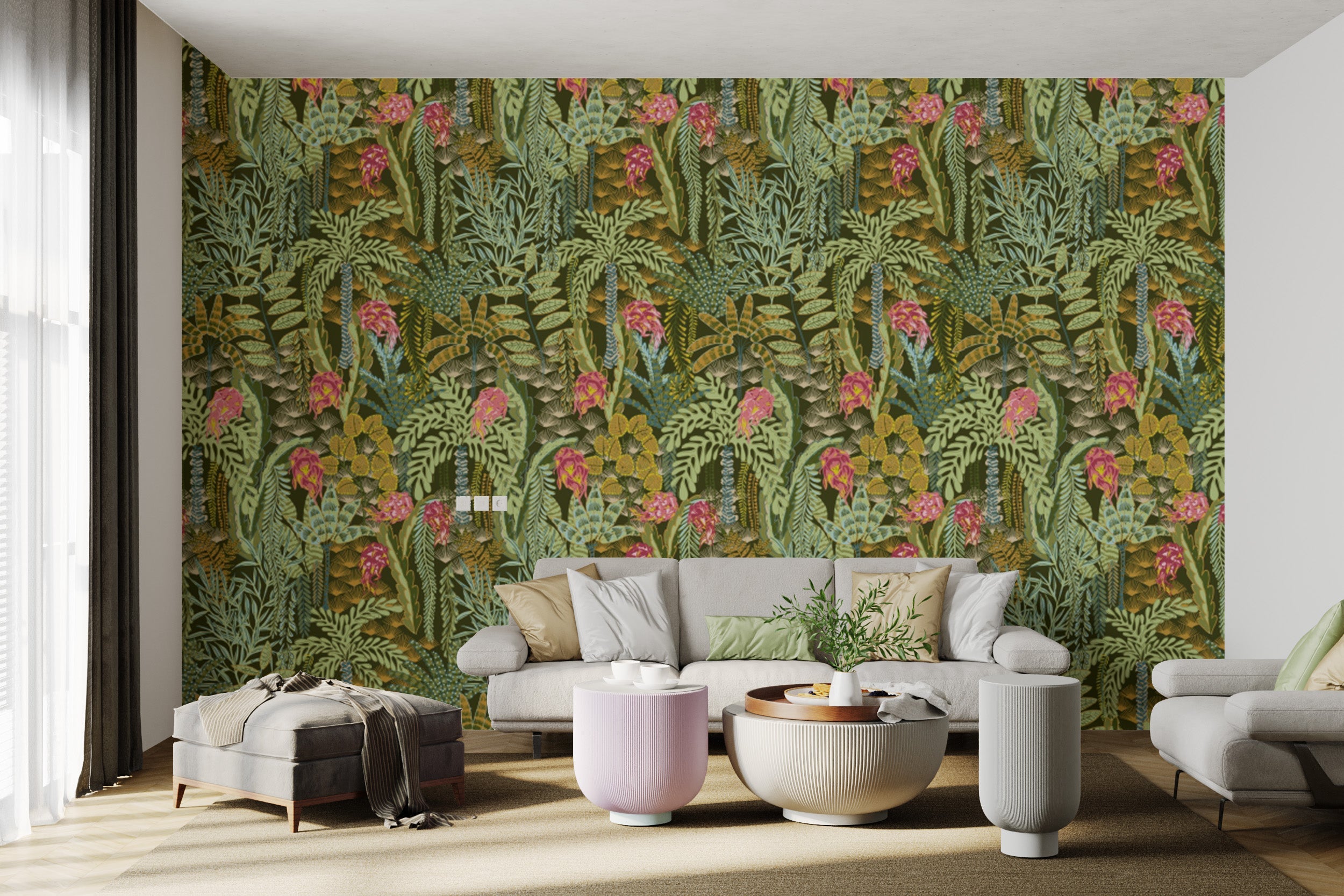 Emerald Jungle Melody wallpaper with lush tropical foliage.
