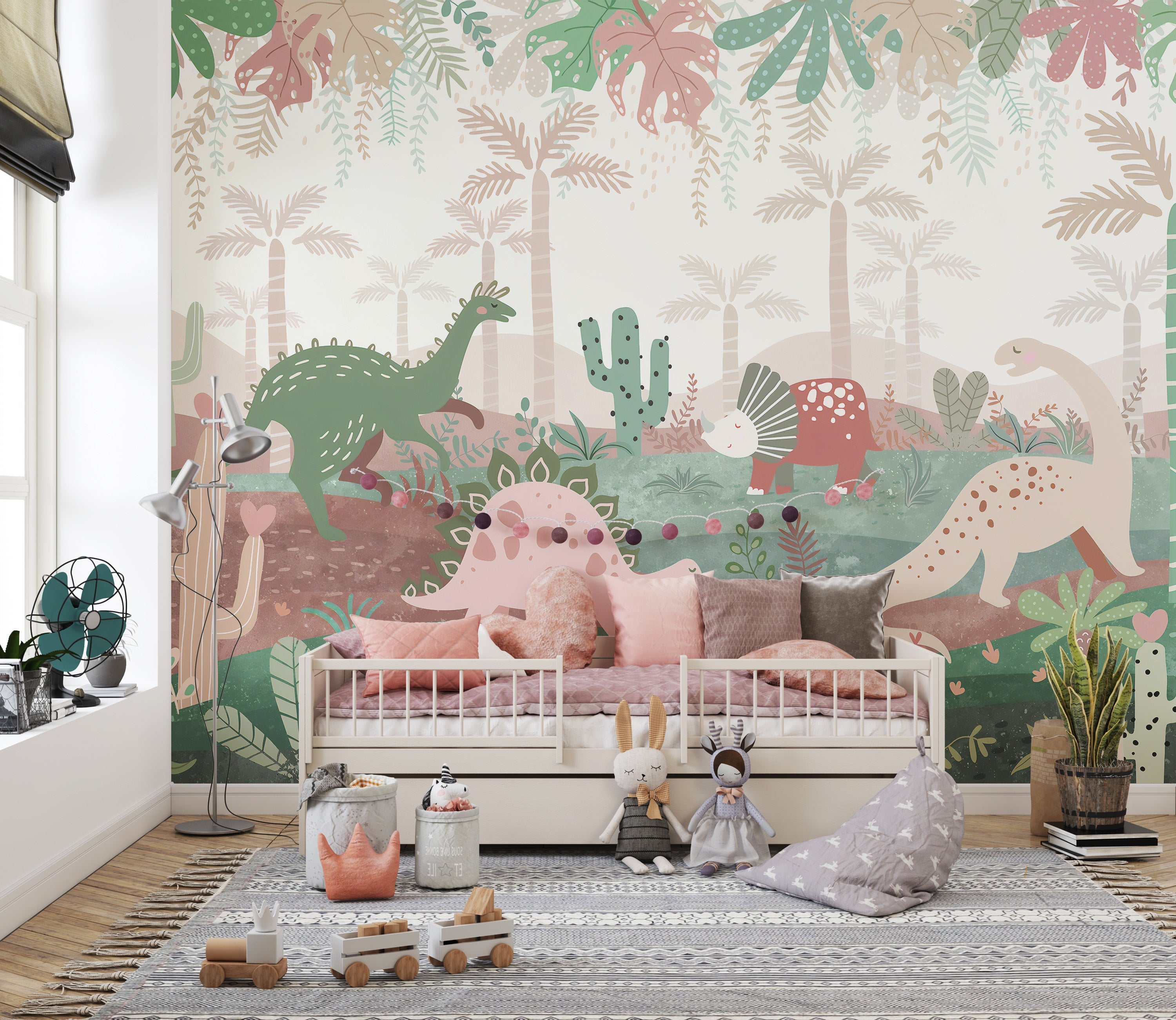 Green & Pink Color Dinosaurs Enjoying Wallpaper Mural - Giffywalls