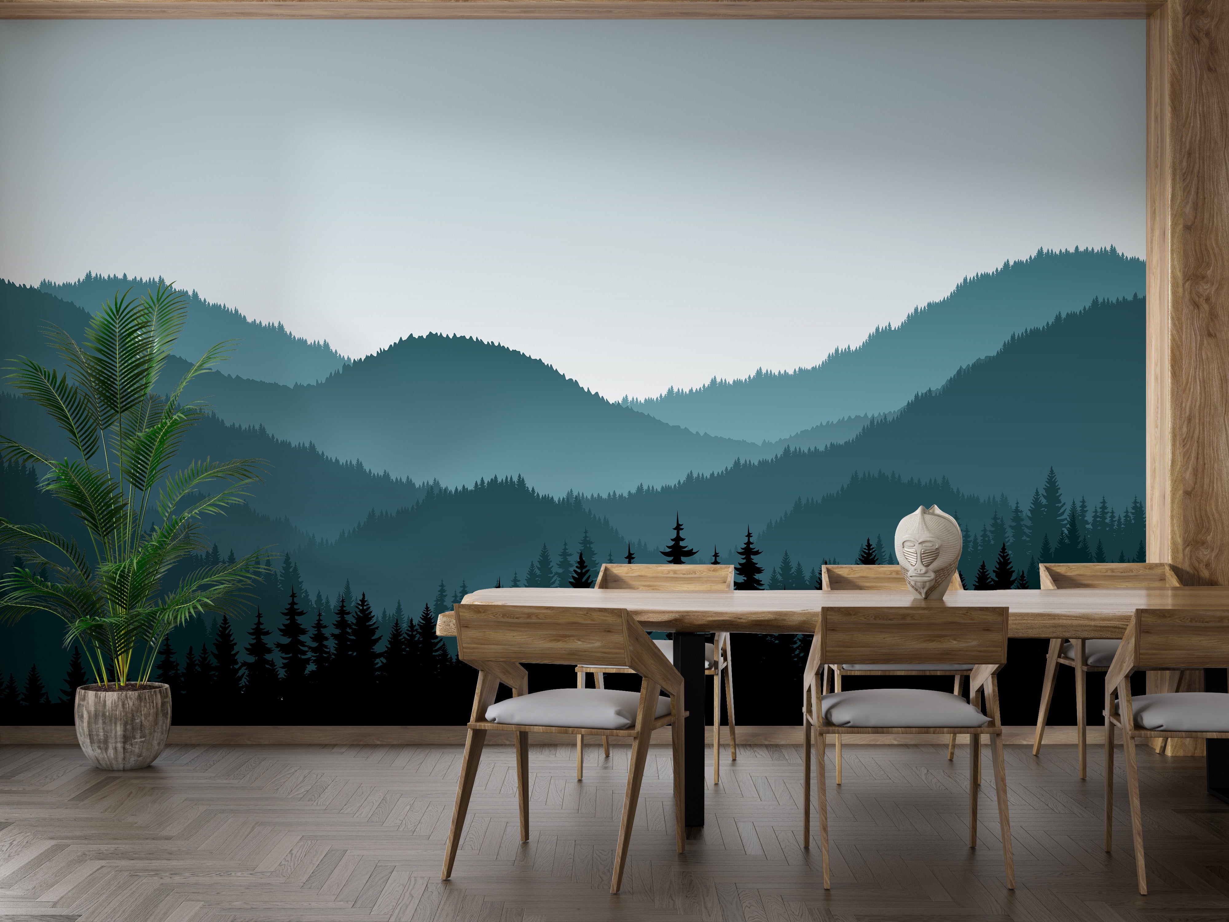 Serene mountain range mural in dark tones
