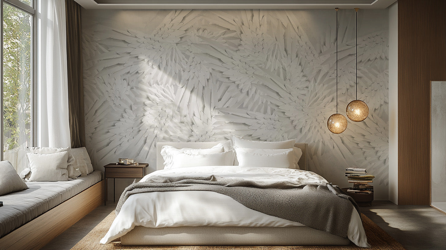 Angelic Aegis wallpaper mural with intricate feather designs.
