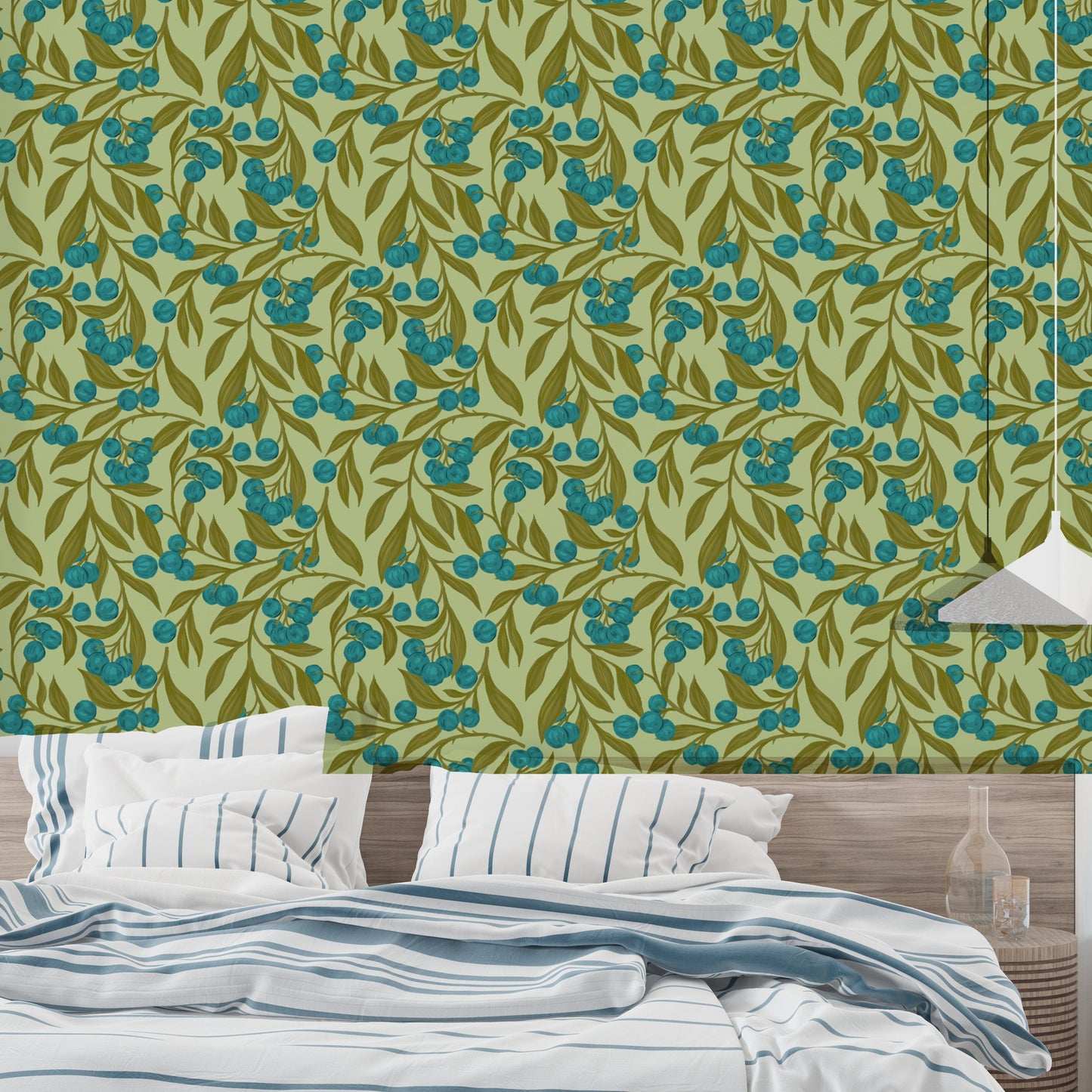 Stylish blue autumn berries wallpaper mural for cozy decor.
