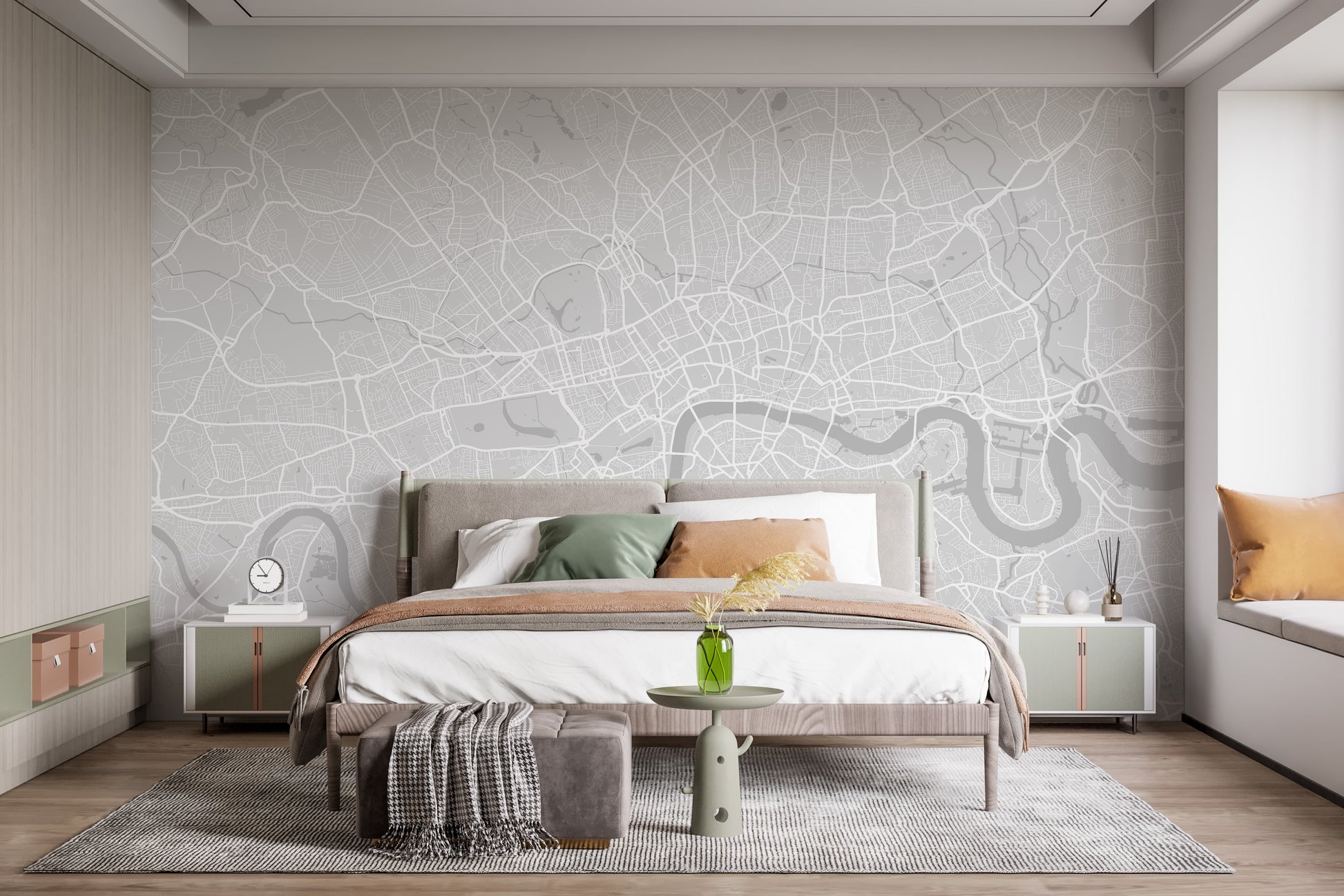 Sophisticated London Wallpaper in monochrome hues.