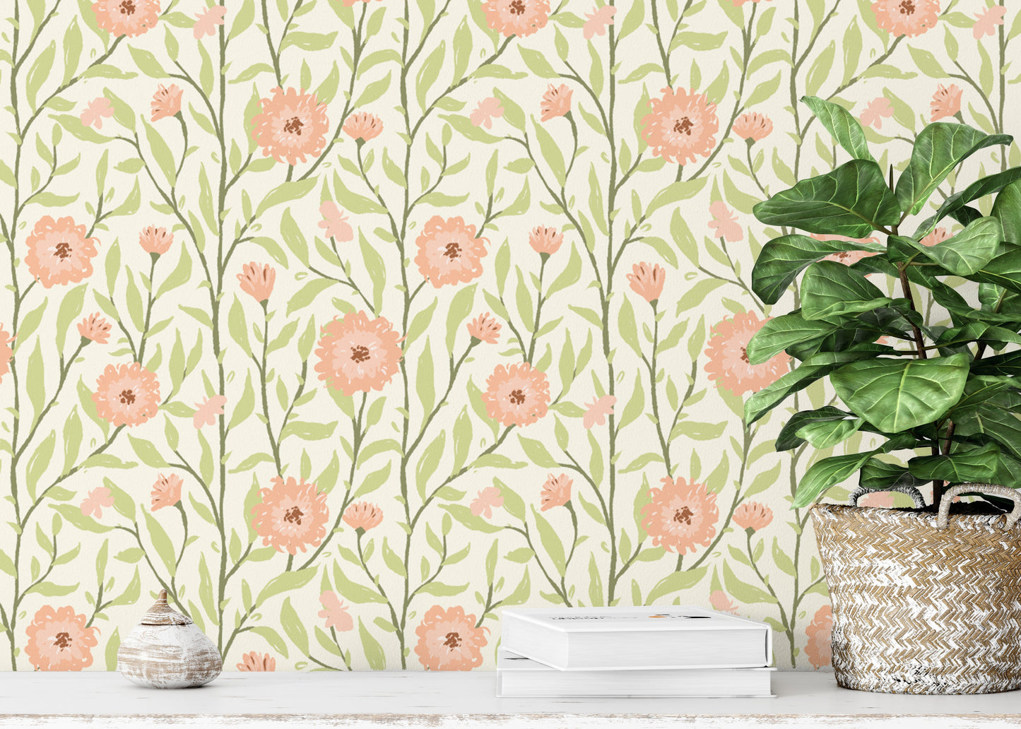 Nature-inspired trellis wallpaper in peach fuzz for a fresh ambiance.
