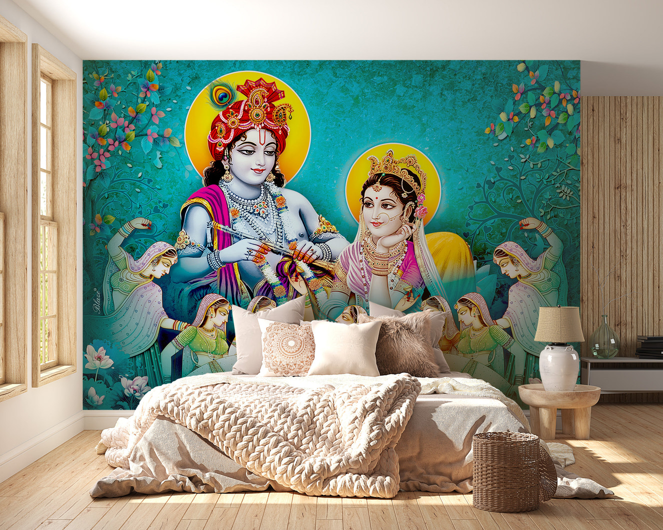 Radha Krishna mural with vibrant Gopis
