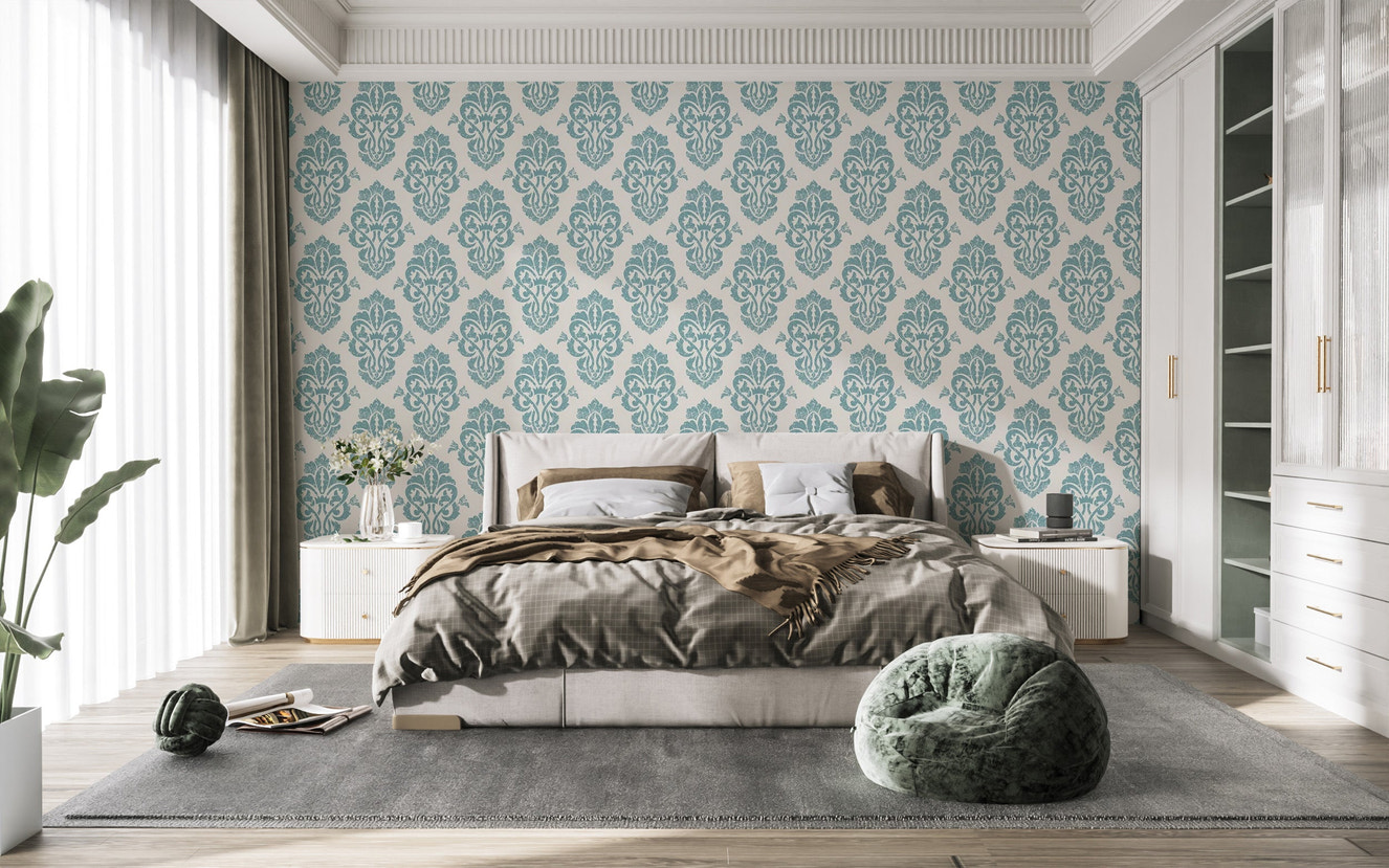 White and Blue Damask Pattern Wallpaper Mural