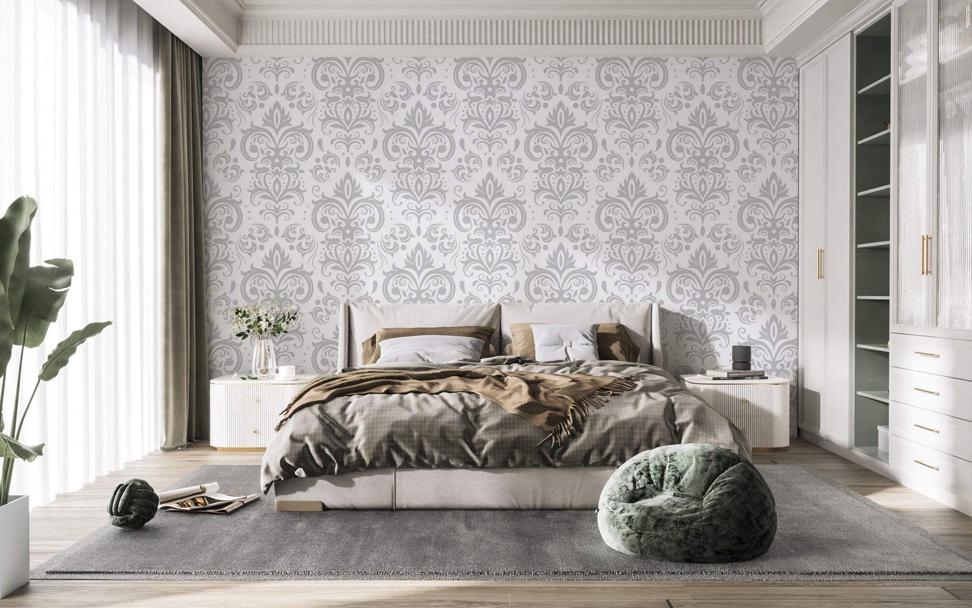 Reusable Silver Damask Wallpaper for Home Decor