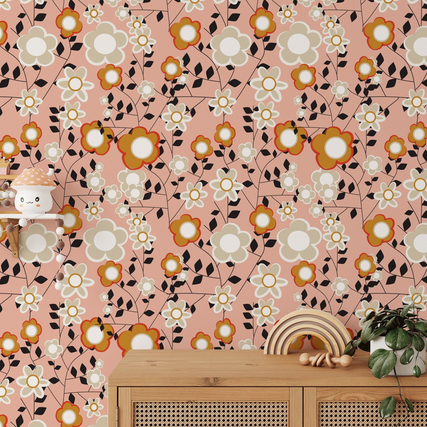 Retro flower design pink wallpaper for walls
