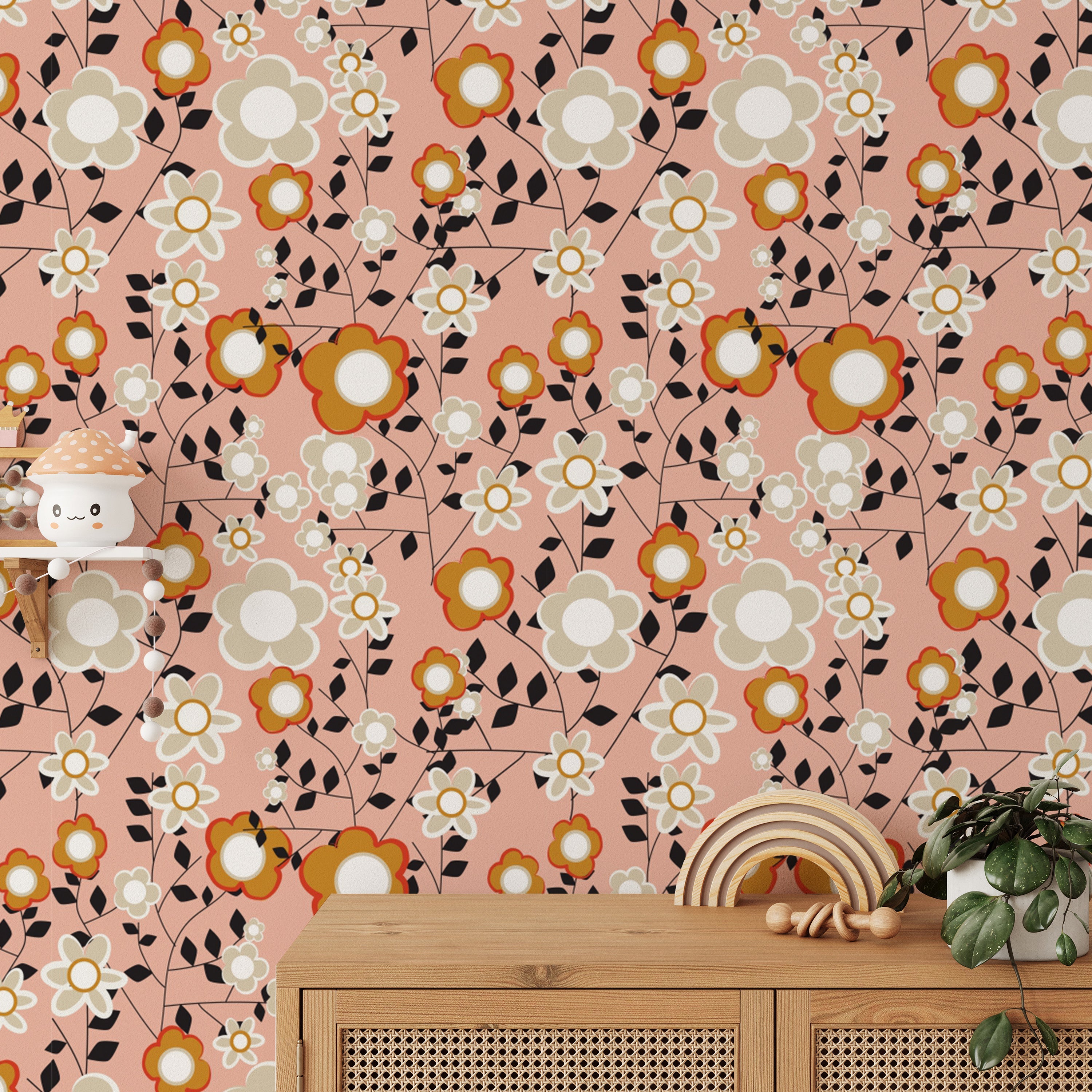 Retro flower design pink wallpaper for walls
