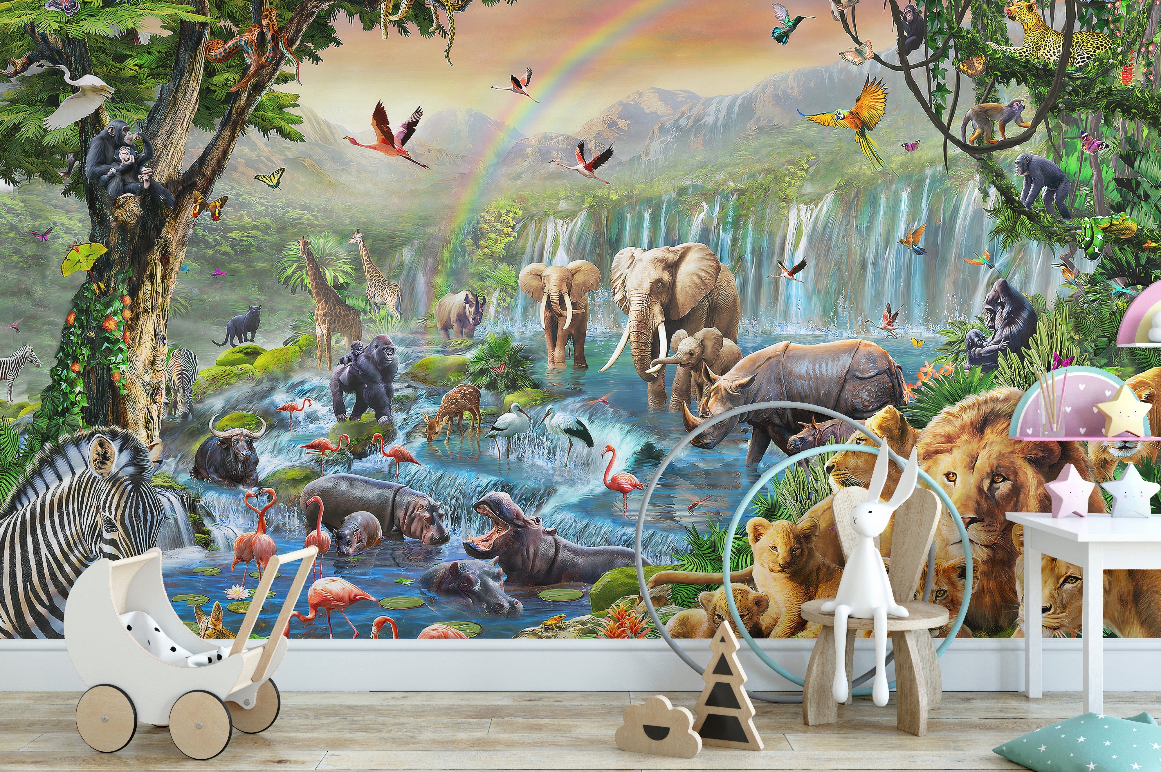 Vivid Animal Kingdom with waterfall Wallpaper Murals - Giffywalls