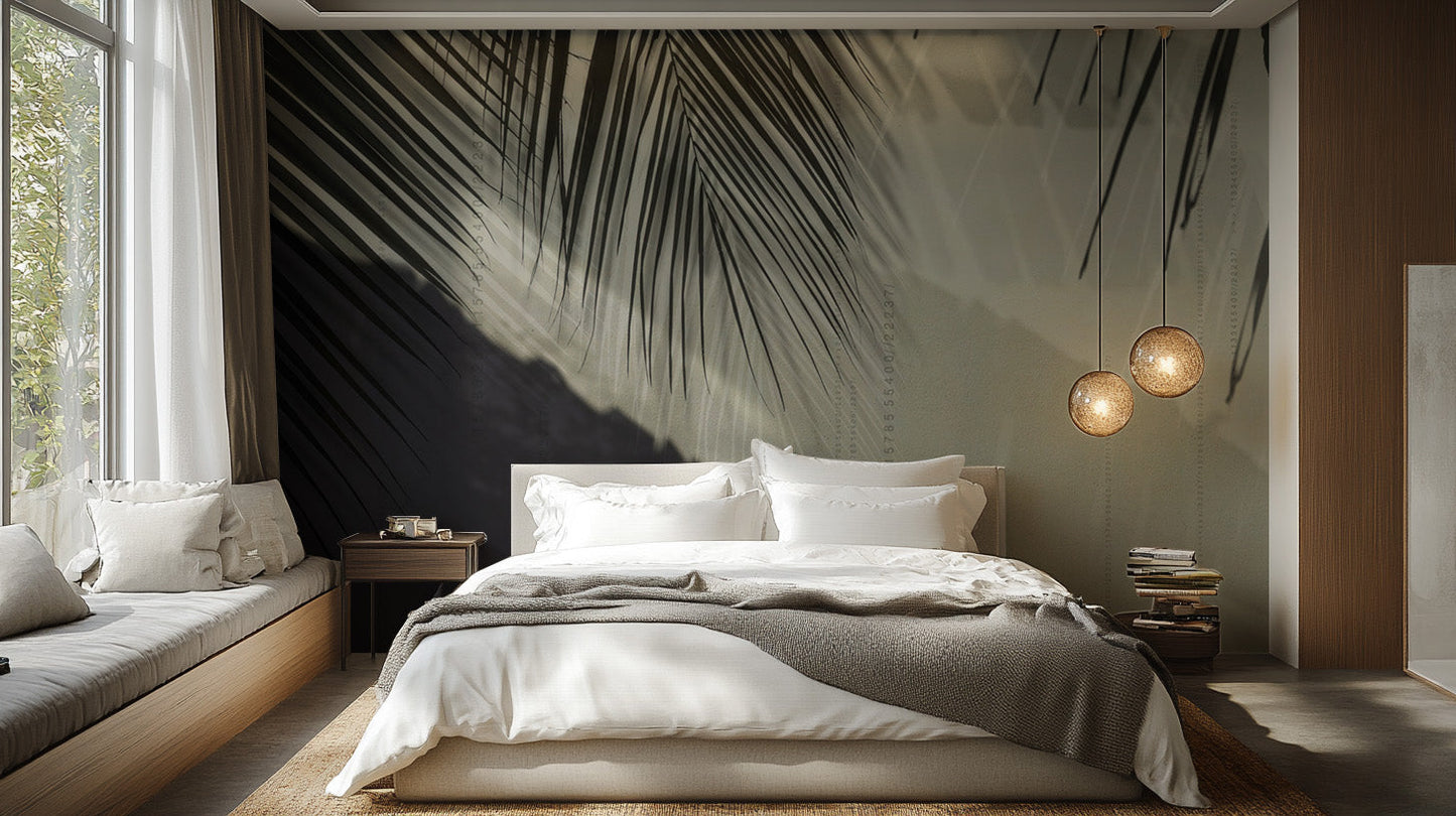 Subtle palm leaf shadow wallpaper for modern, natural decor.
