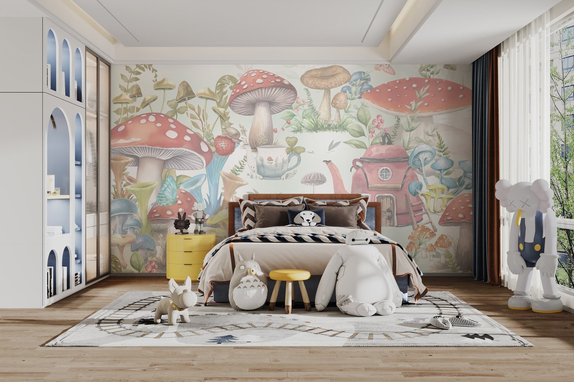 Kids room wallpaper with whimsical mushroom garden