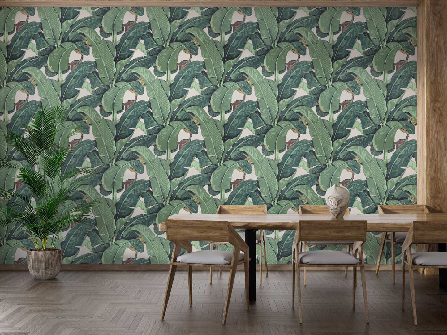 Lush green banana leaf pattern wallpaper
