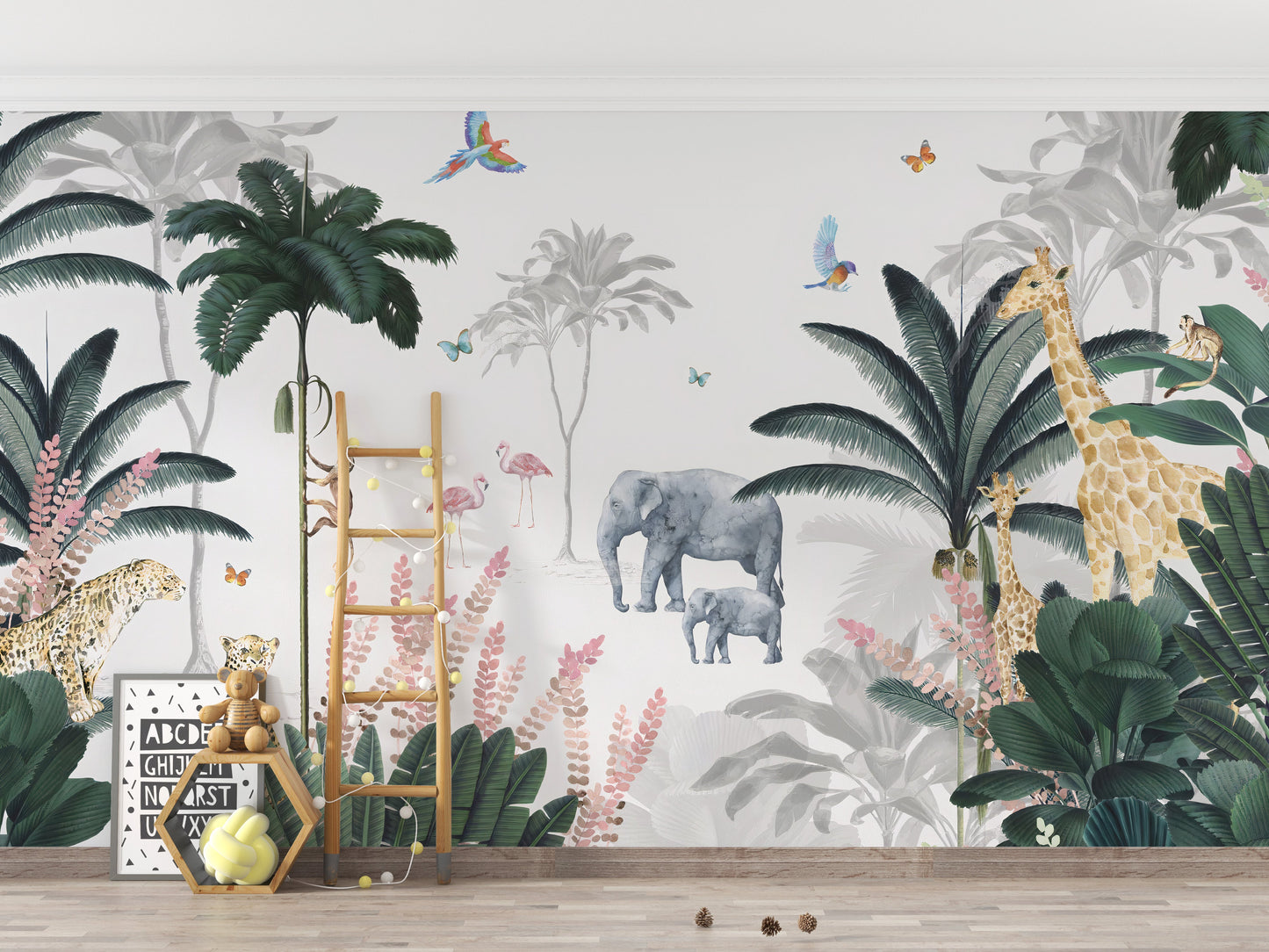 Adventure-themed tropical safari kids' room wallpaper design.
