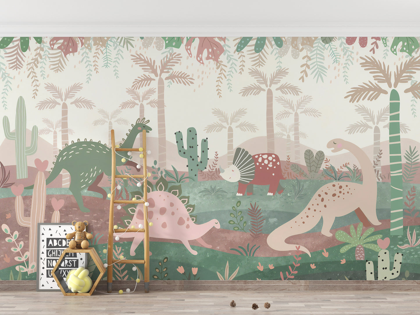 Green & Pink Color Dinosaurs Enjoying Wallpaper Mural - Giffywalls