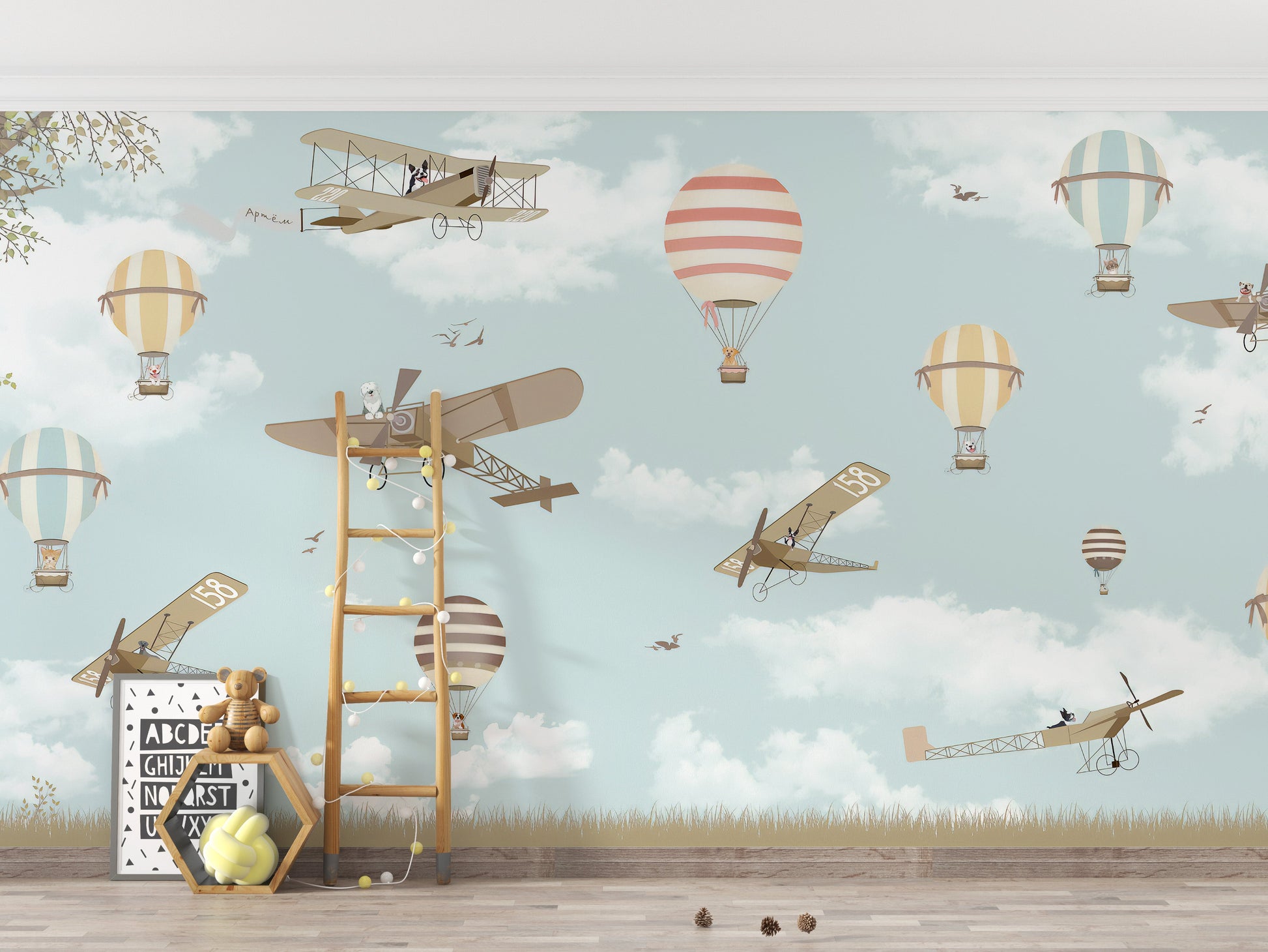 Vibrant fun land wallpaper with balloons and planes
