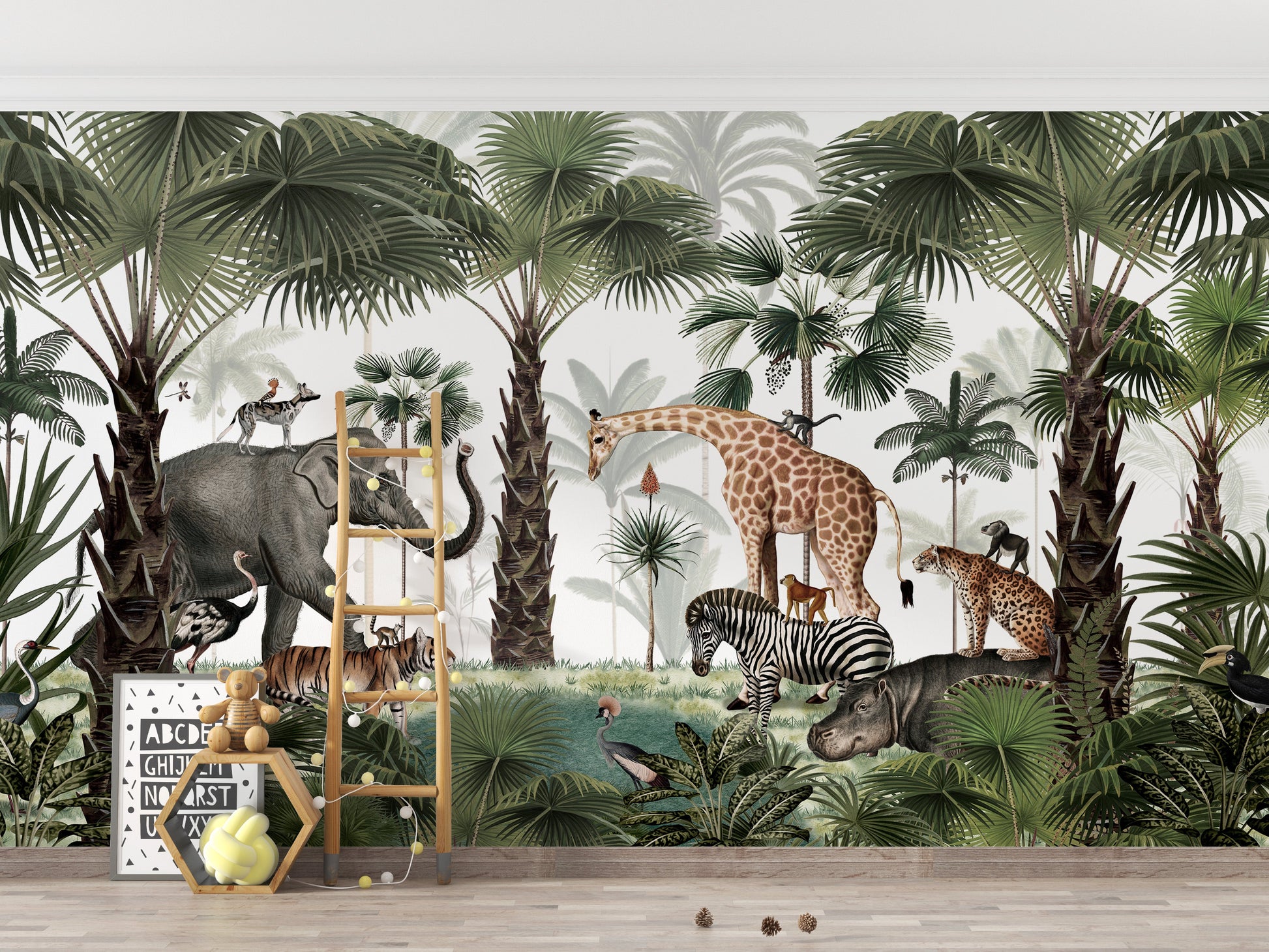 Lush jungle mural with tropical plants and wild animals