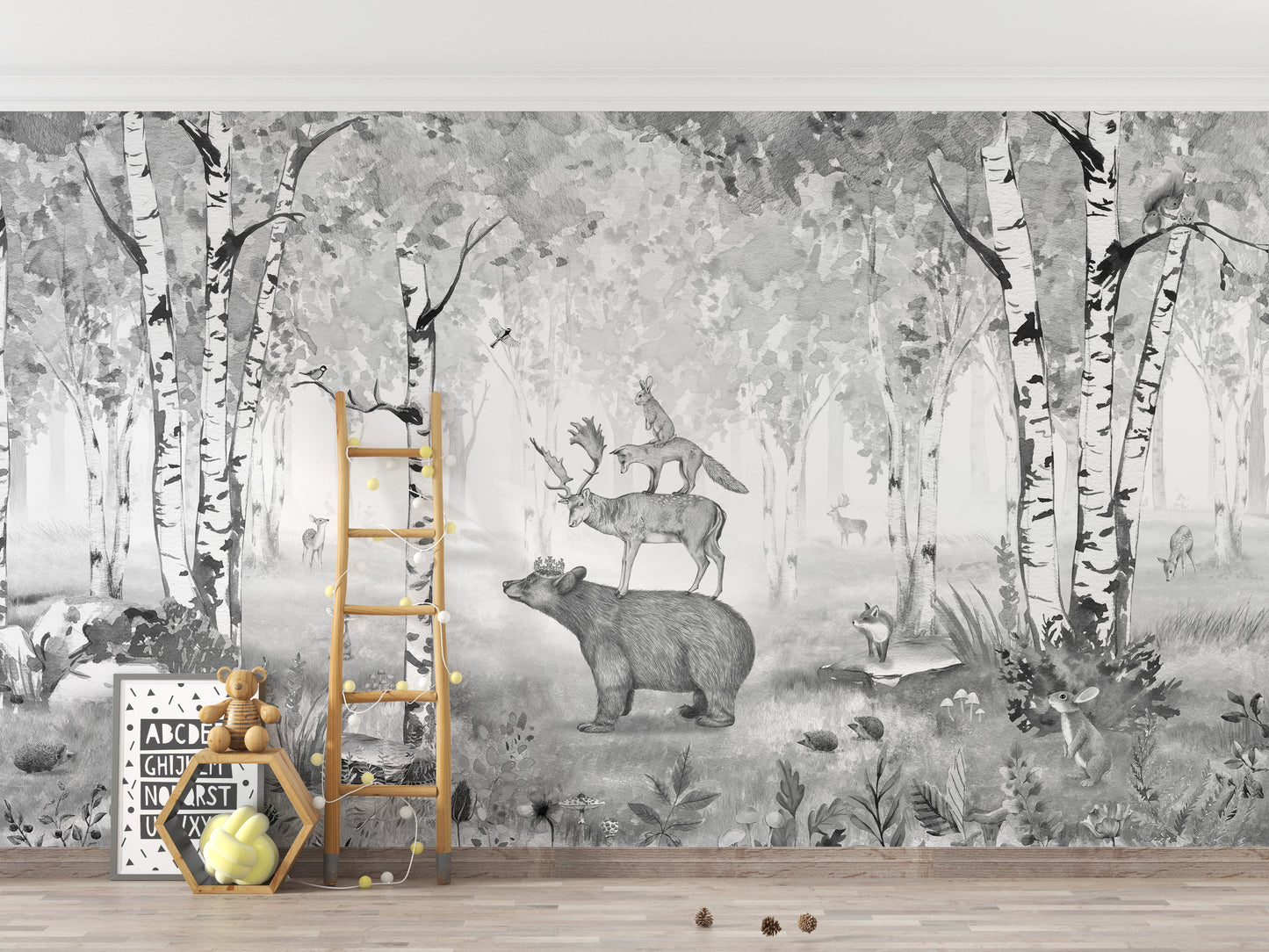 Woodland animals in a serene birch forest mural design