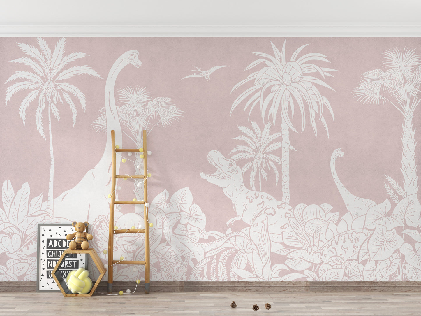 Dinosaur silhouettes with palm trees on soft pink wallpaper.