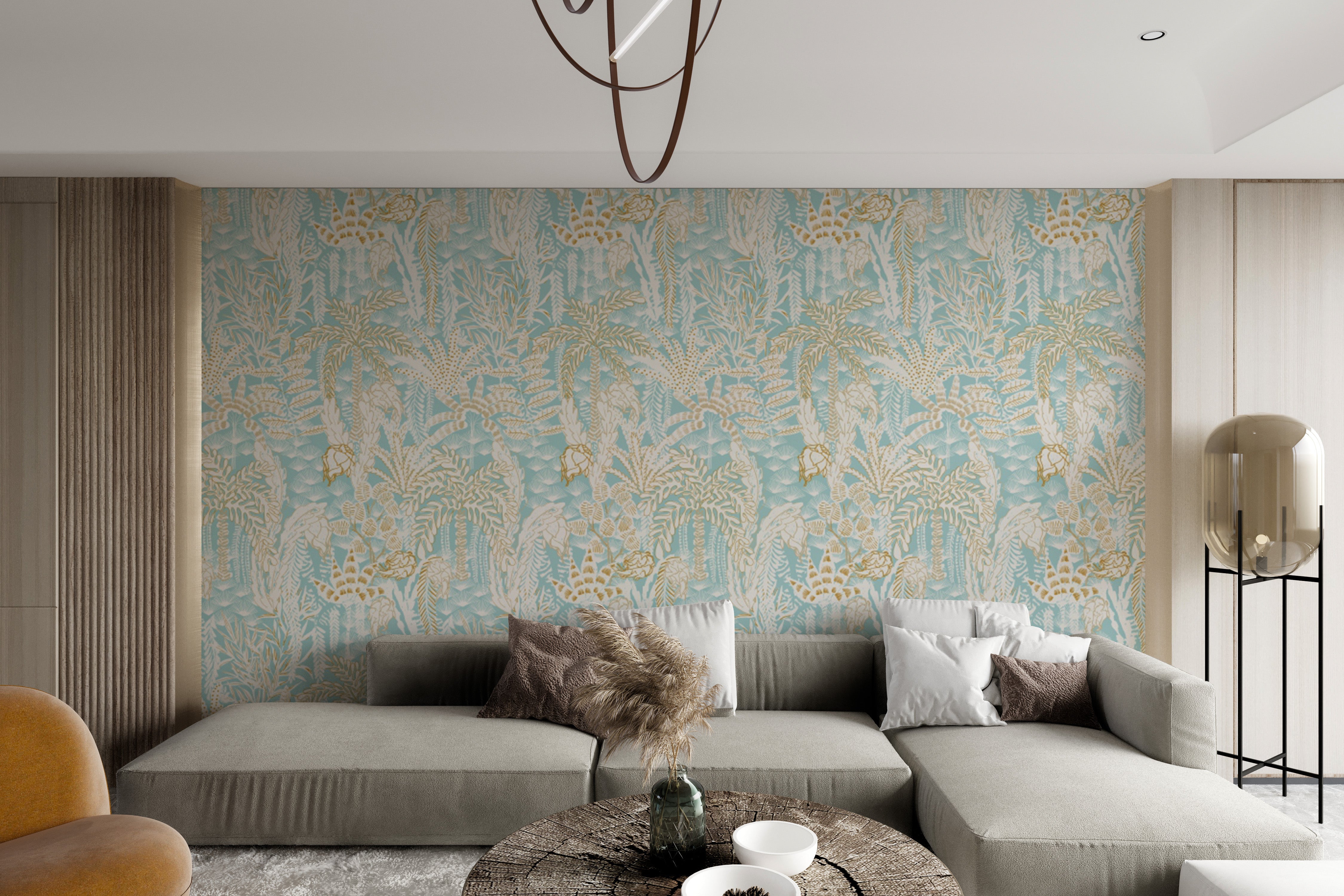 Coastal Breeze Floral wallpaper mural blending flowers and sea.
