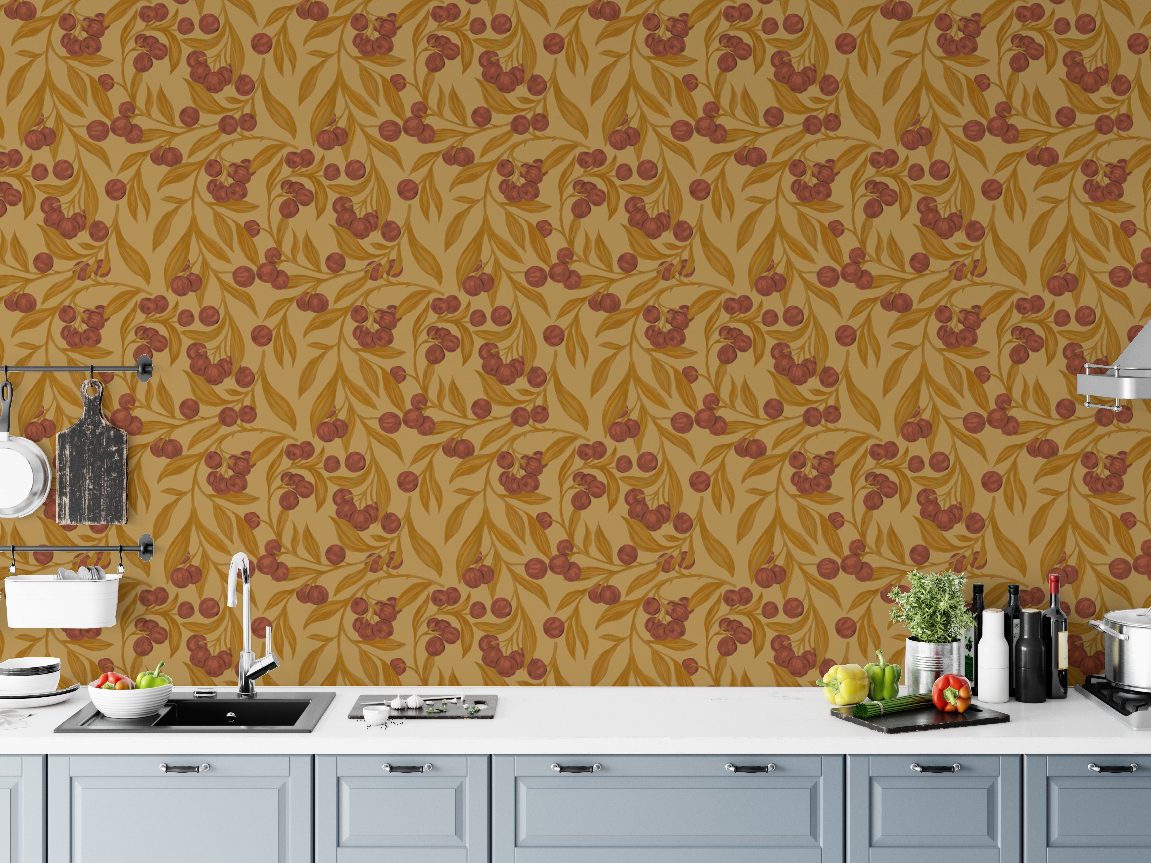 Nature-inspired red wallpaper with autumn berries for warmth.
