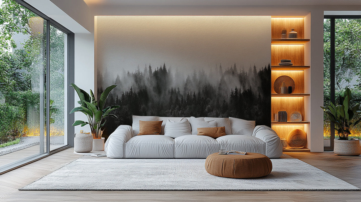 Elegant foggy forest mural with soft pine tree silhouettes.
