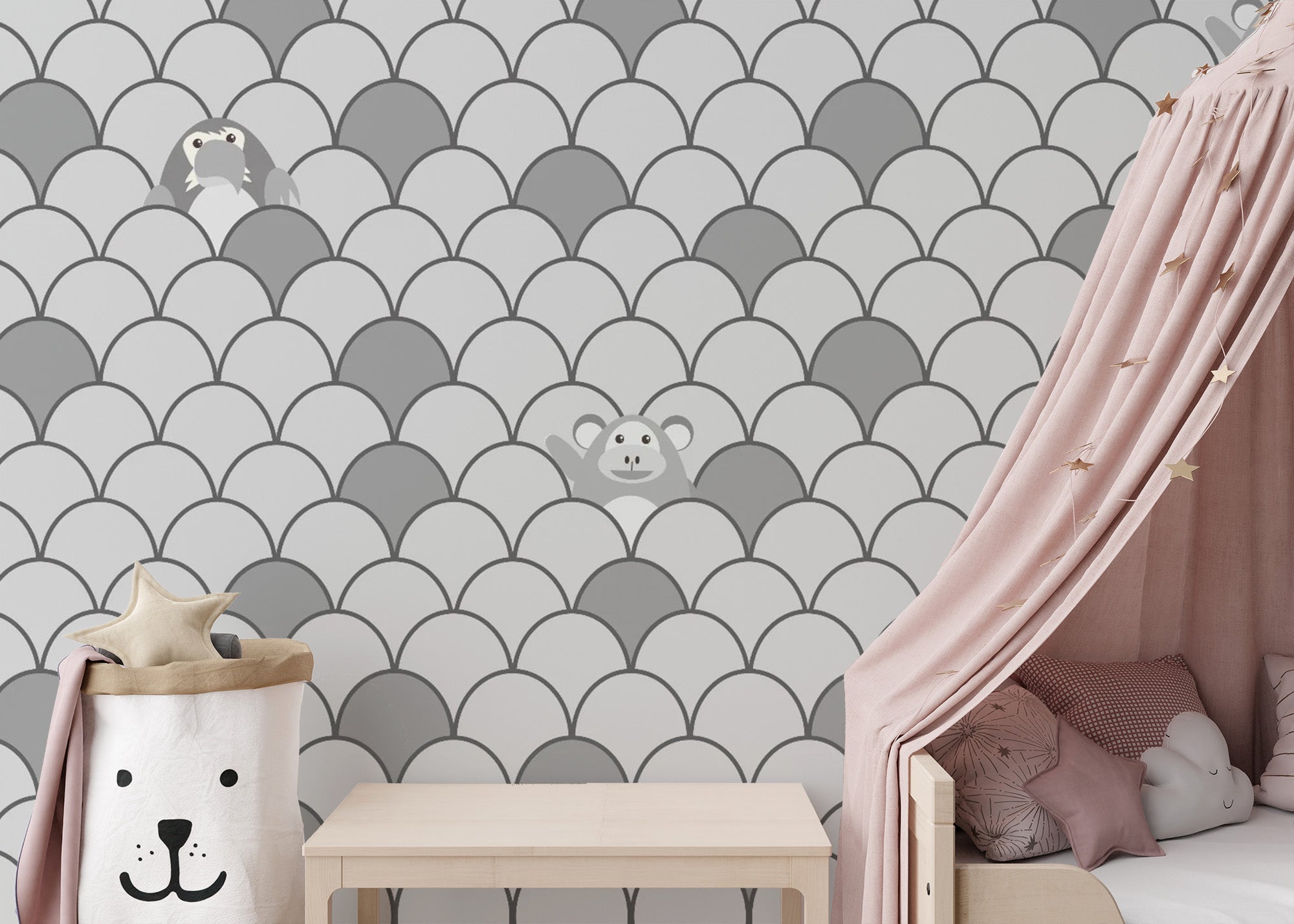 Grey Color Kids Animated Motifs Wallpaper Mural - Giffywalls