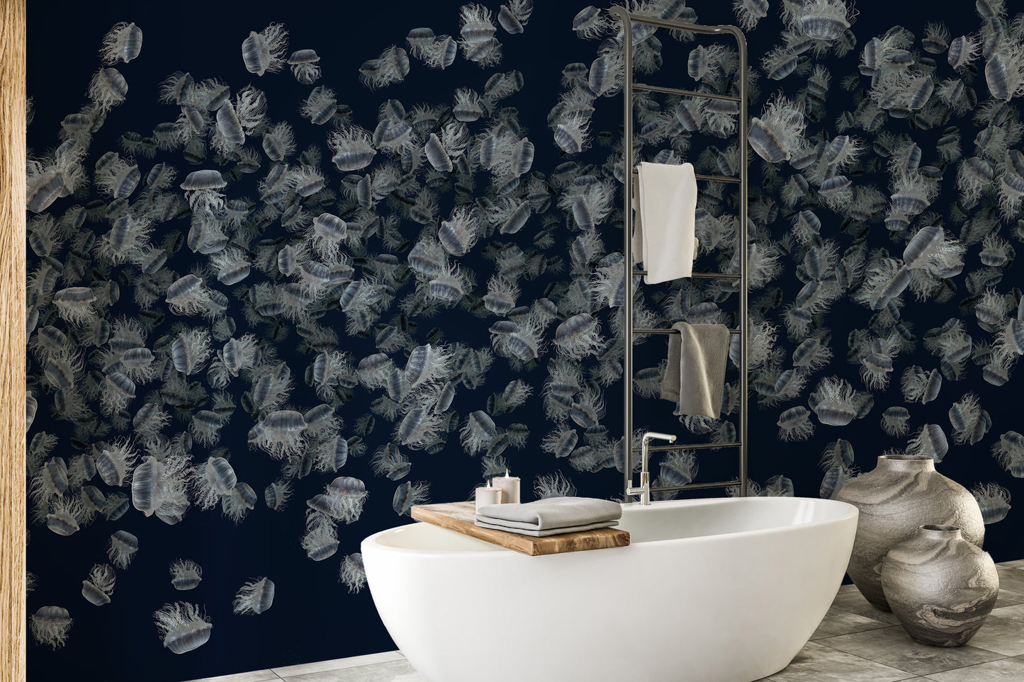 Dancing Jellyfish White on Dark Blue Wallpaper Murals - Giffywalls