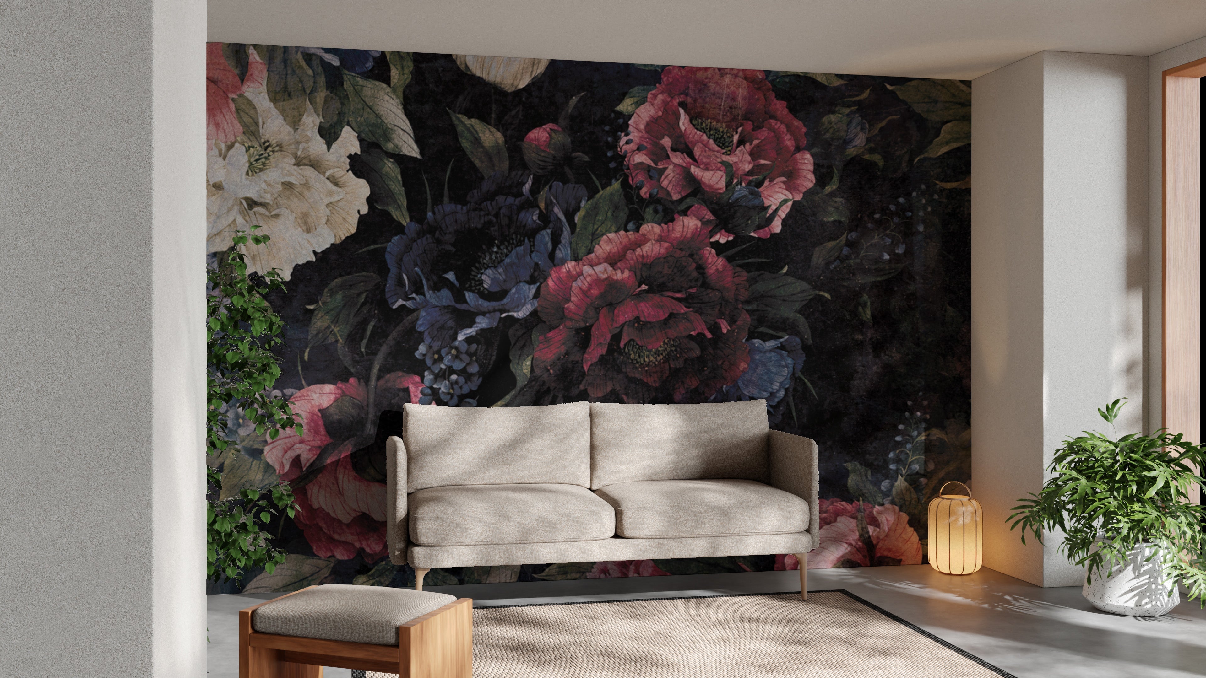 Nature-Inspired Moonlight Floral Mural
