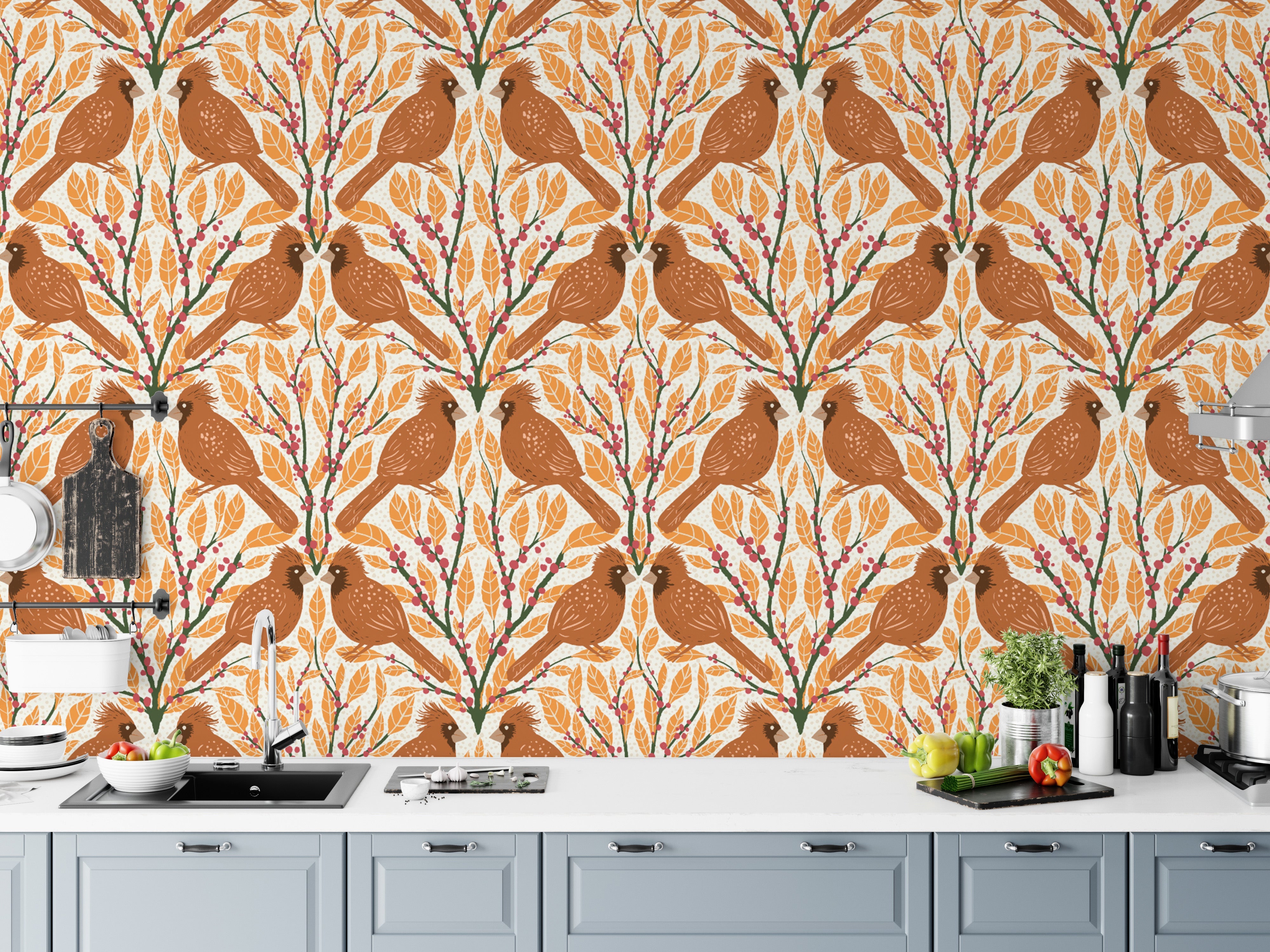 Nature-inspired yellow cardinals wallpaper for cozy living spaces.
