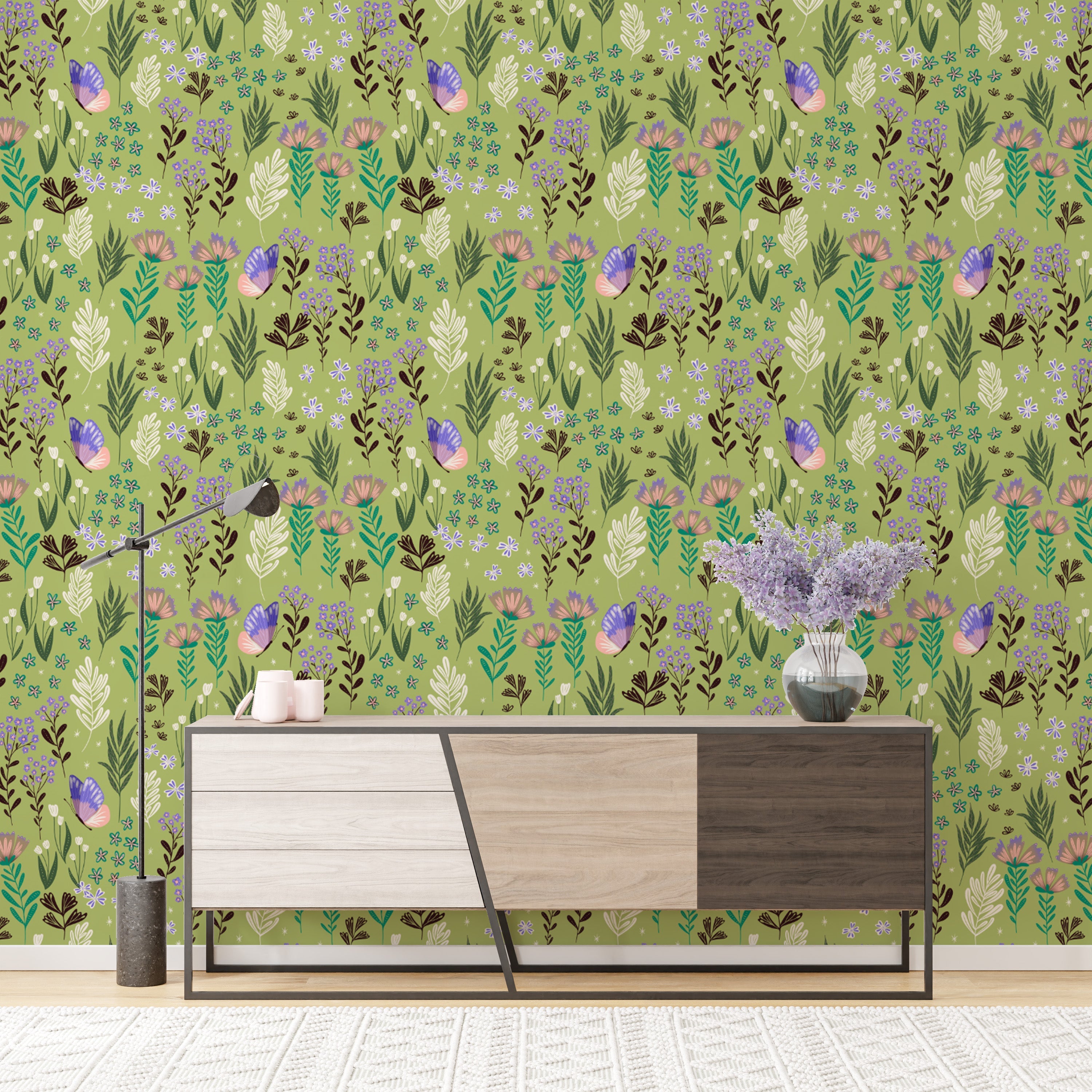 Butterfly meadow wallpaper mural for tranquil green decor.
