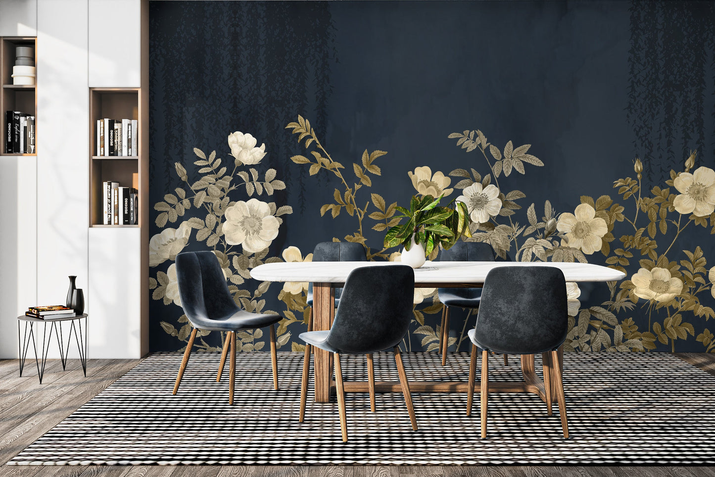 Golden floral wallpaper mural for a rich, midnight-inspired look.
