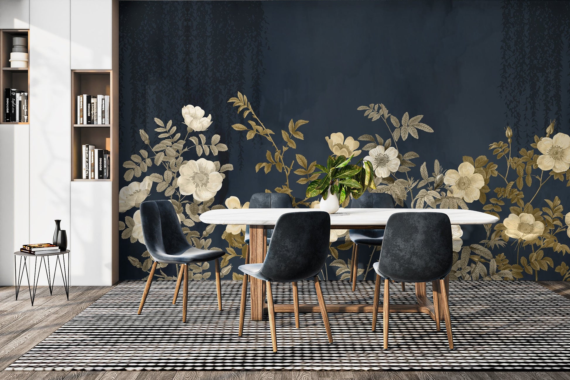 Golden floral wallpaper mural for a rich, midnight-inspired look.
