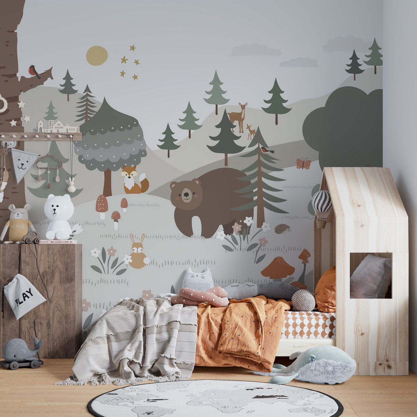 Snowy forest wallpaper mural for kids' room
