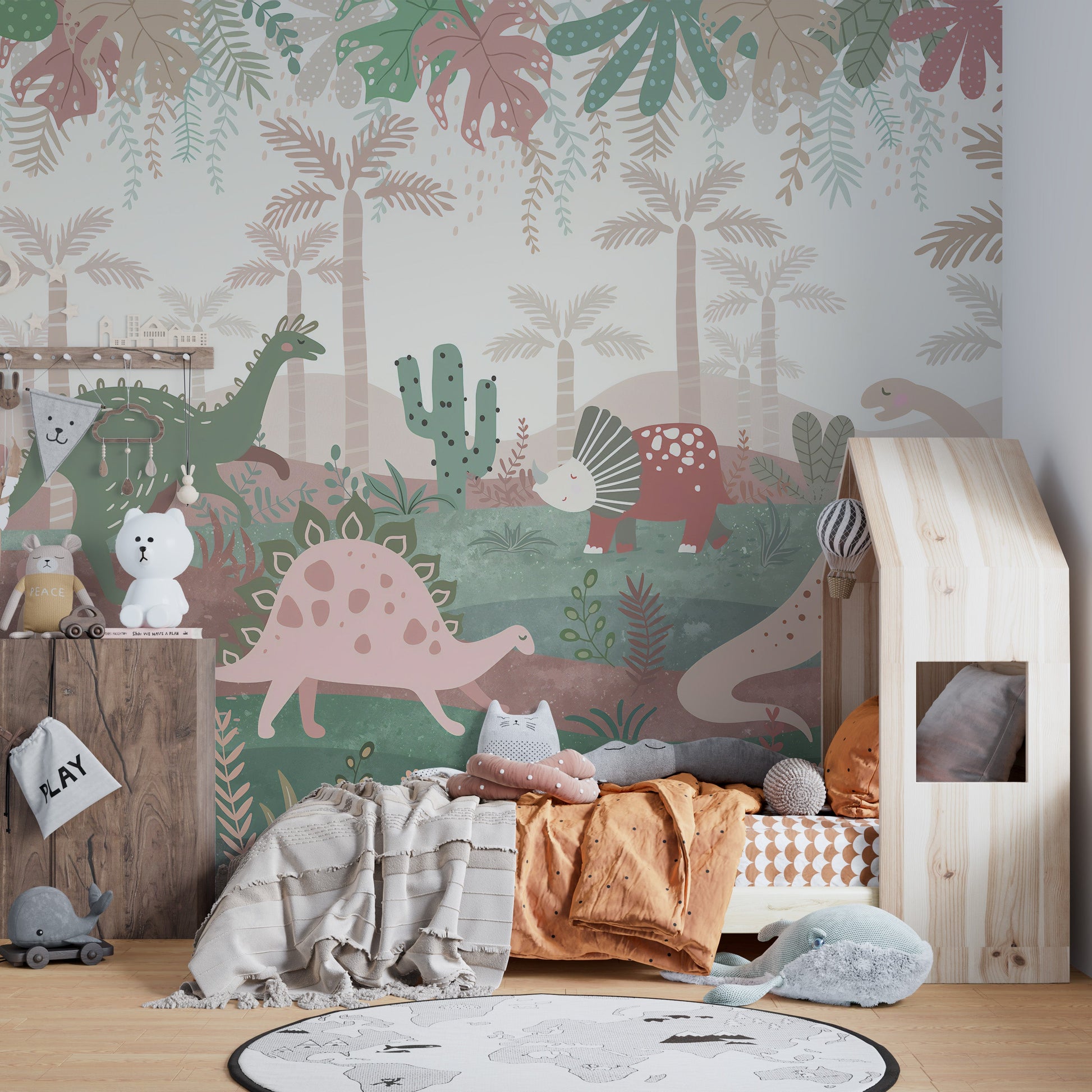 Green & Pink Color Dinosaurs Enjoying Wallpaper Mural - Giffywalls