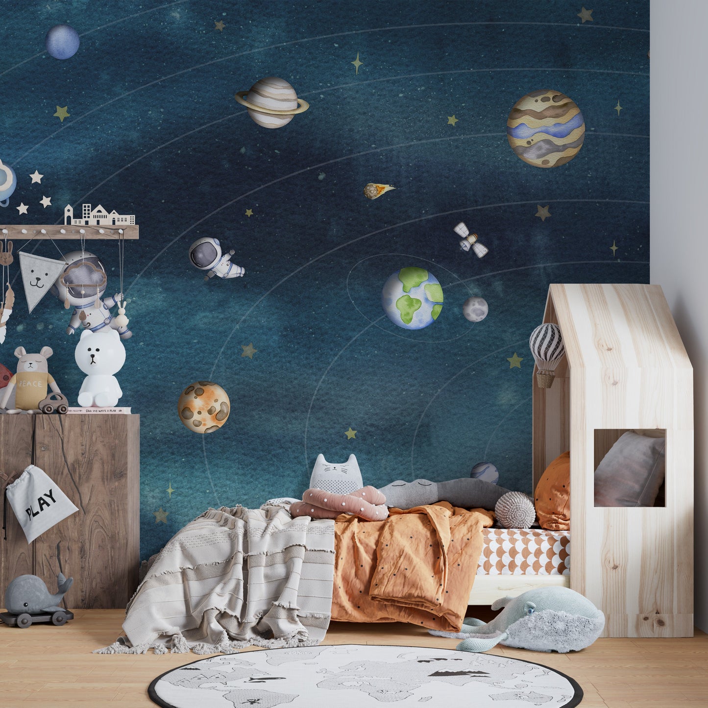 Vibrant dark space mural for kids playrooms