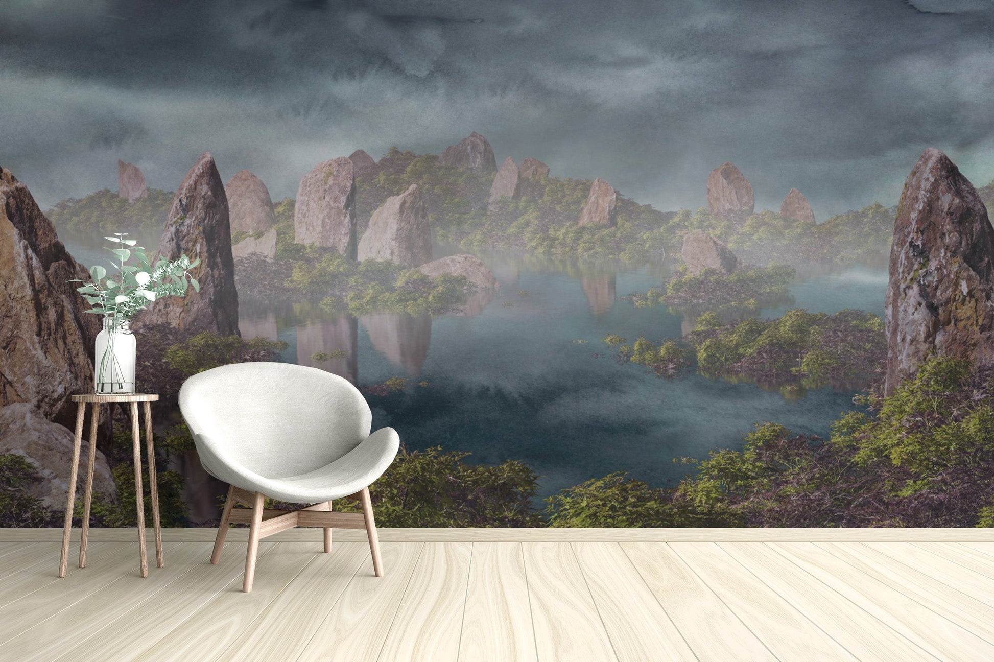 Chinese landscape blue wallpaper for chic, dramatic interiors.