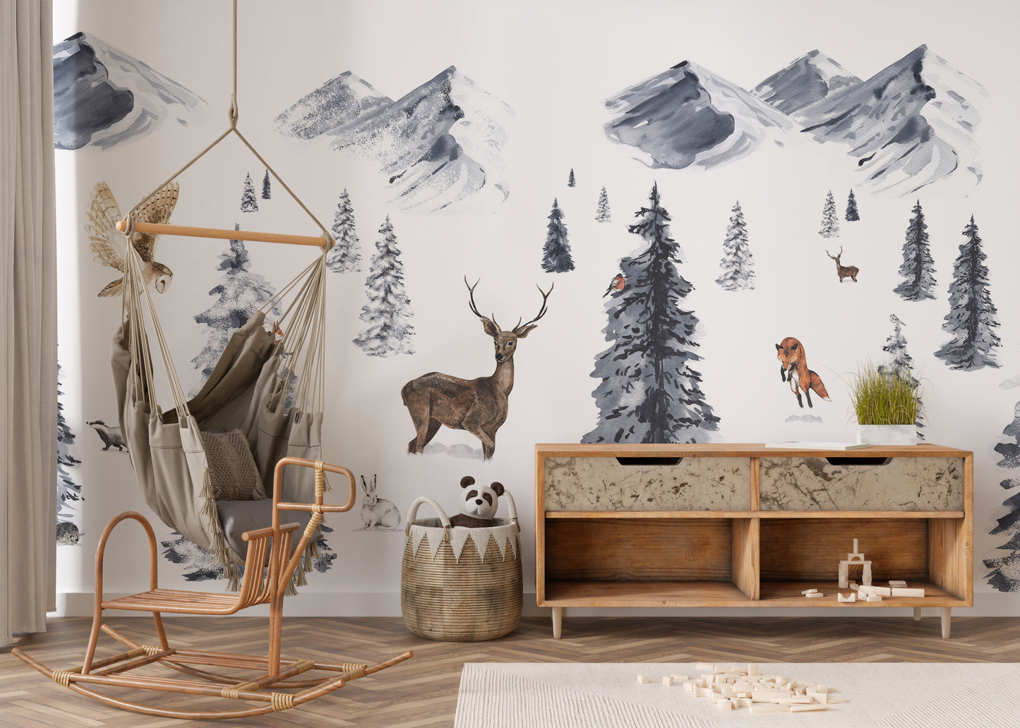 Deer and fox in winter wonderland mural wallpaper design