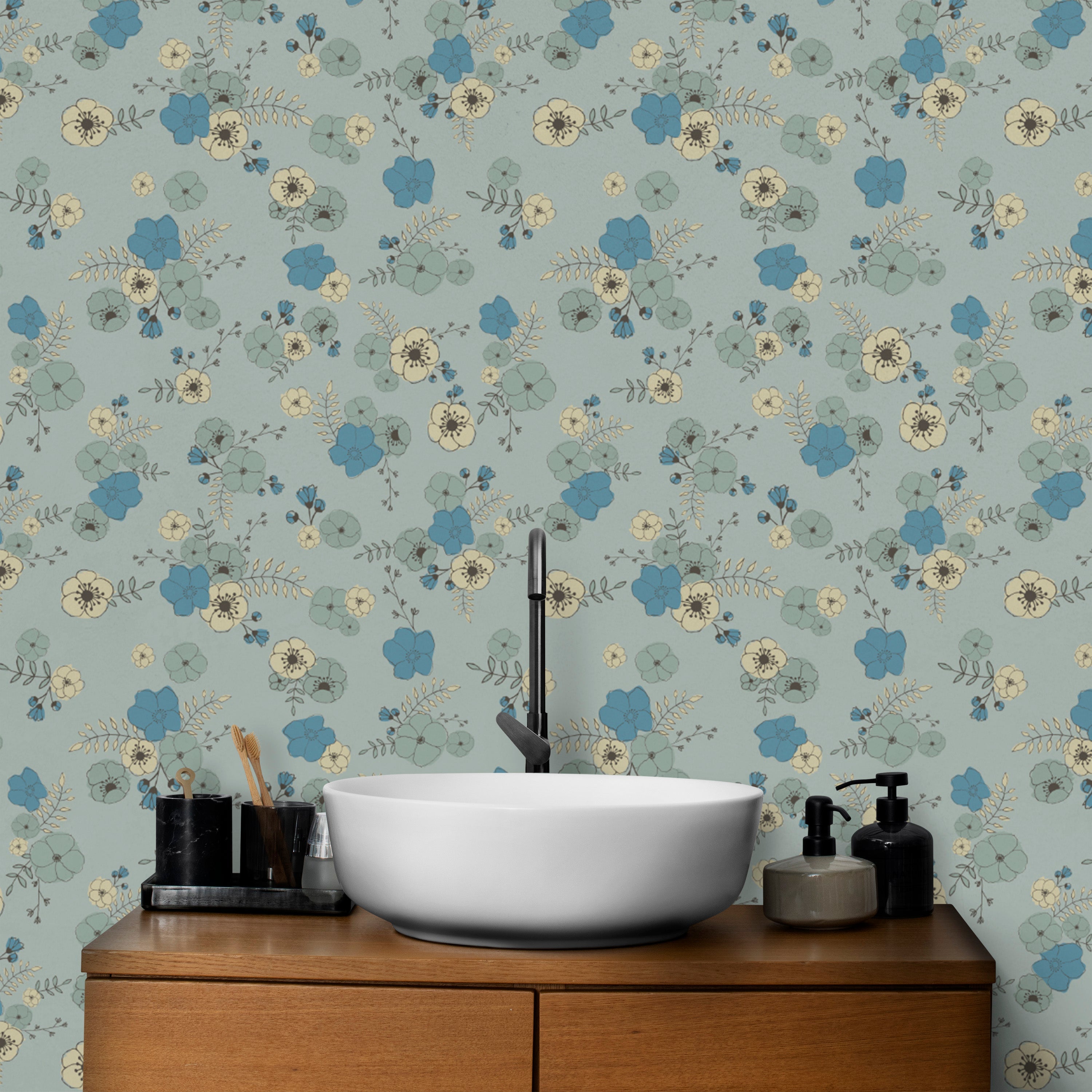 Subtle ditsy blooms wallpaper in soothing pastel blue hues.
