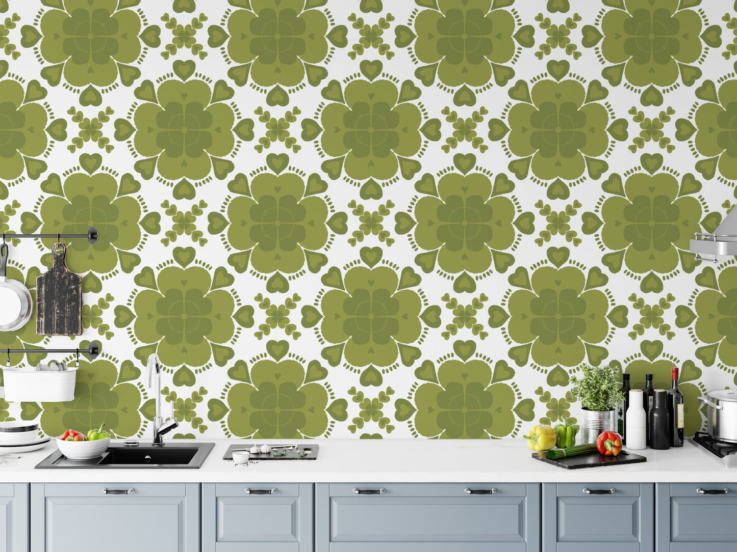 Bold green clover geometric wallpaper for a dynamic wall accent.
