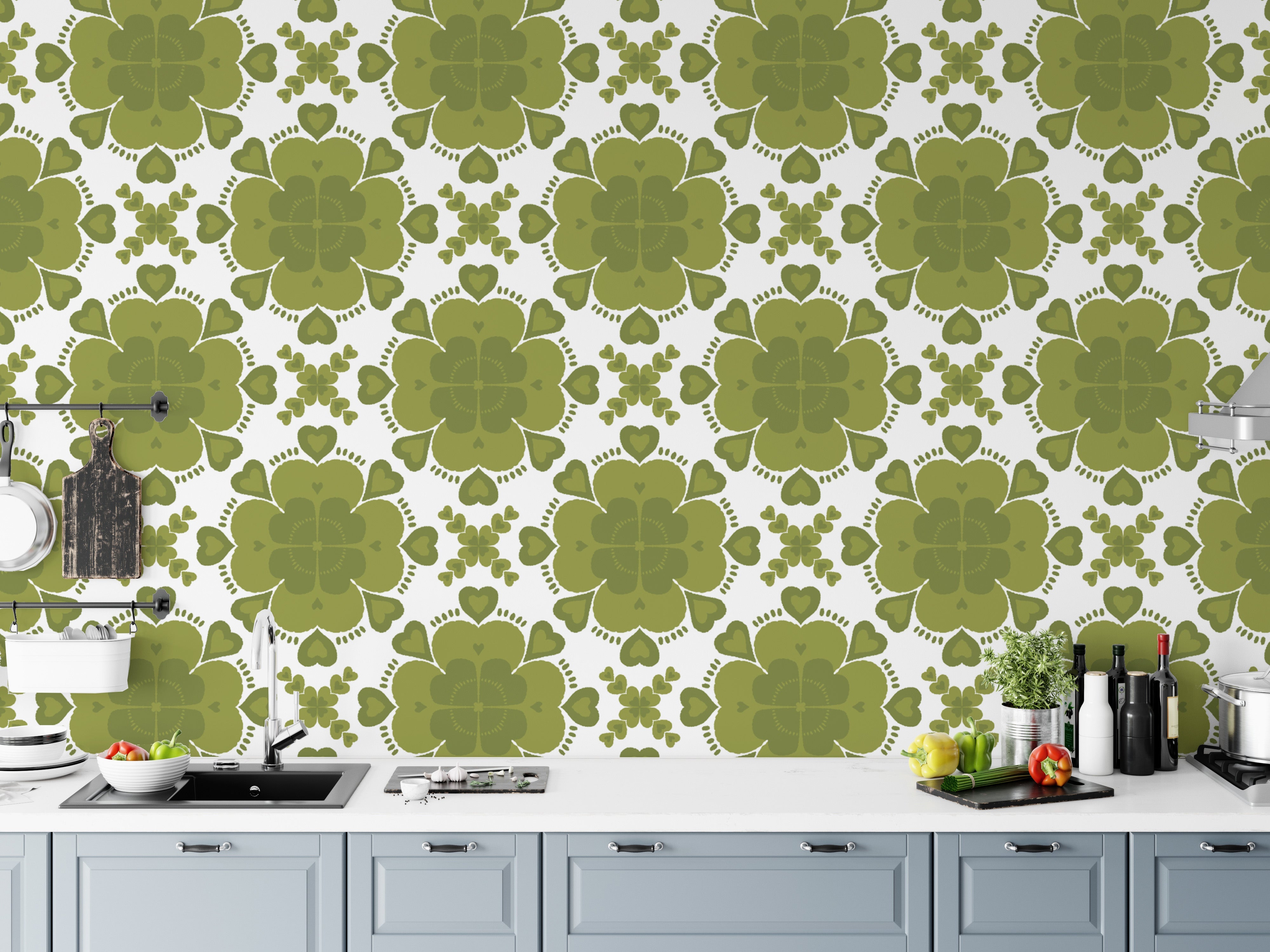 Bold green clover geometric wallpaper for a dynamic wall accent.
