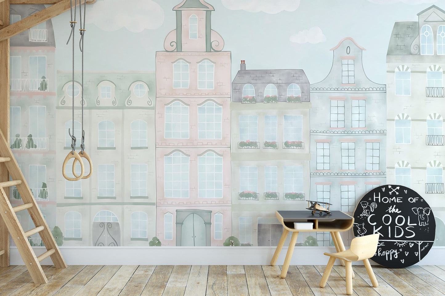 Watercolor City Scene Mural Wallpaper for nursery