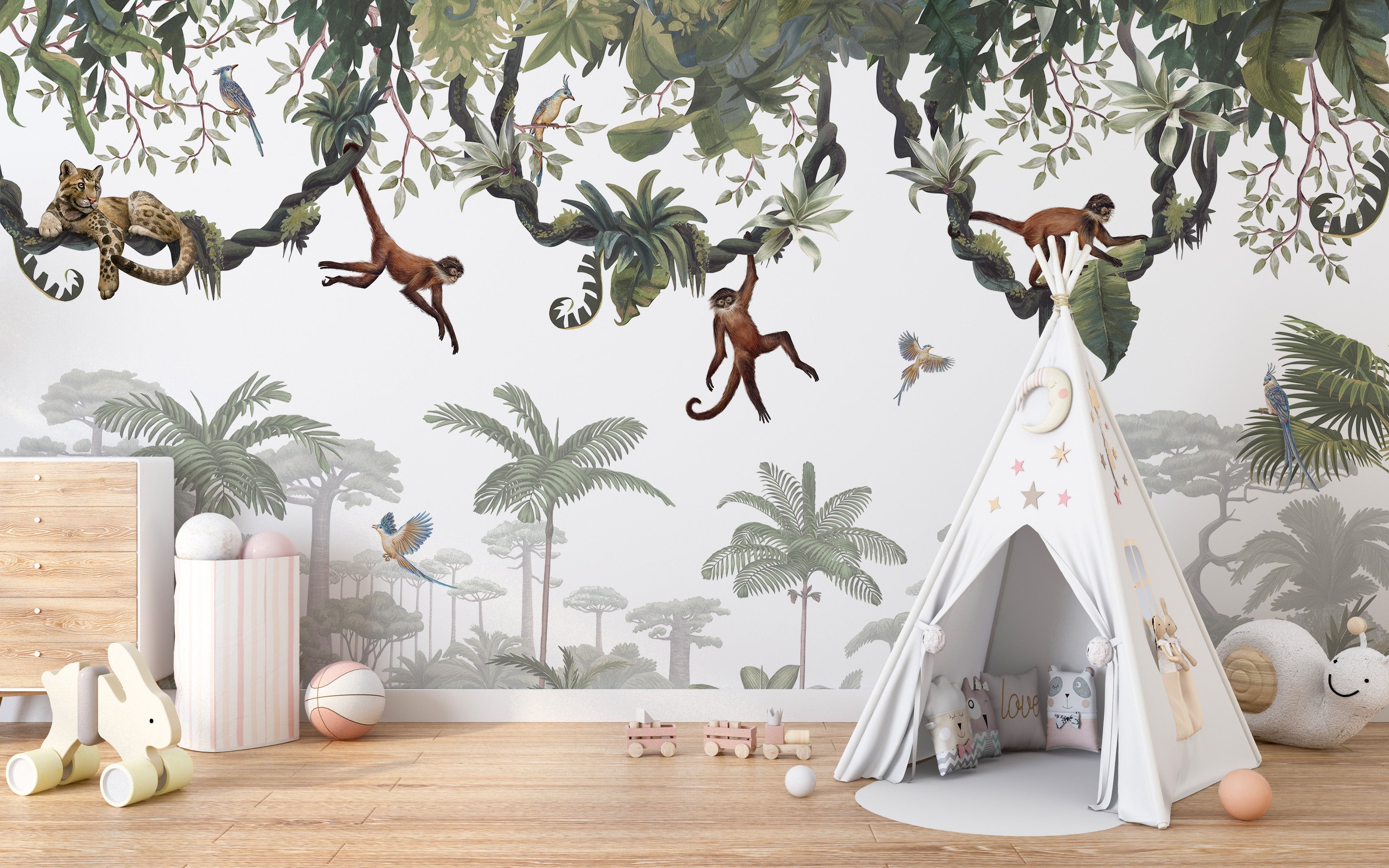 Cheeky monkeys wallpaper murals with tropical jungle vibes