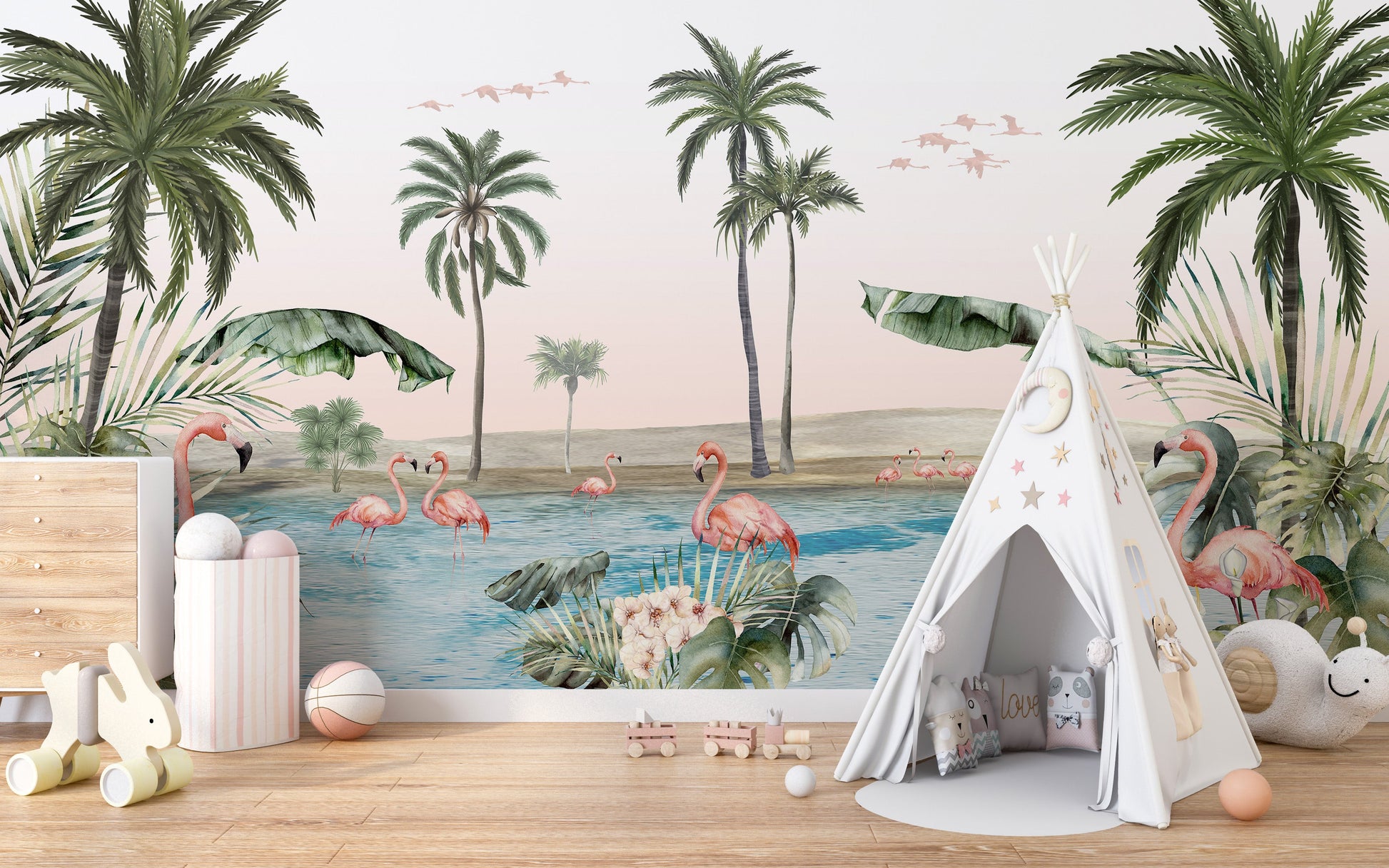 Flamingo oasis with pink background wallpaper - Giffywalls